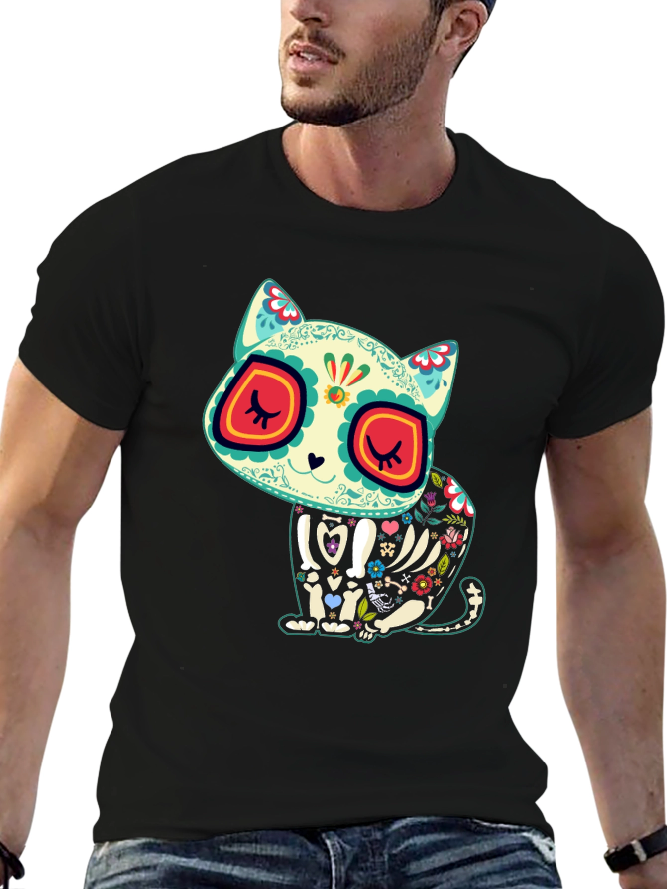 Sugar Skull Cat T-Shirt - Dia de los Muertos