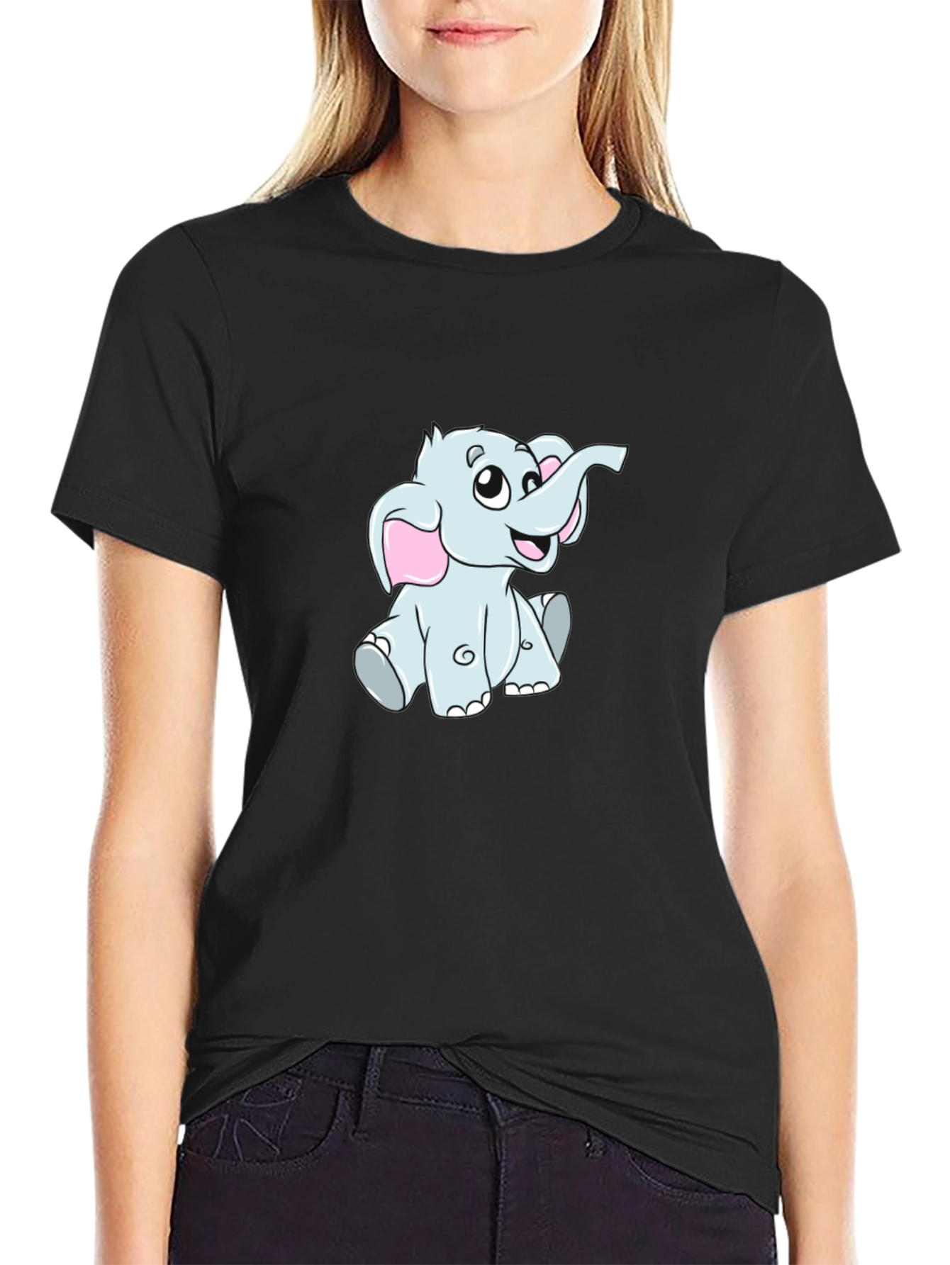Cute Cartoon Elephant Black T-Shirt