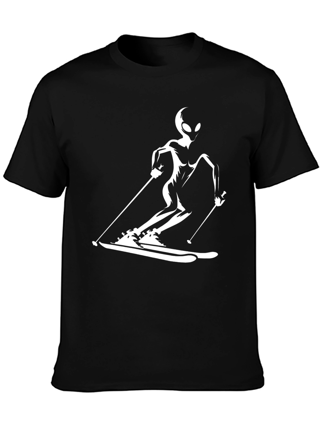 Skiing Alien Graphic Tee - Black Cotton Casual T-Shirt