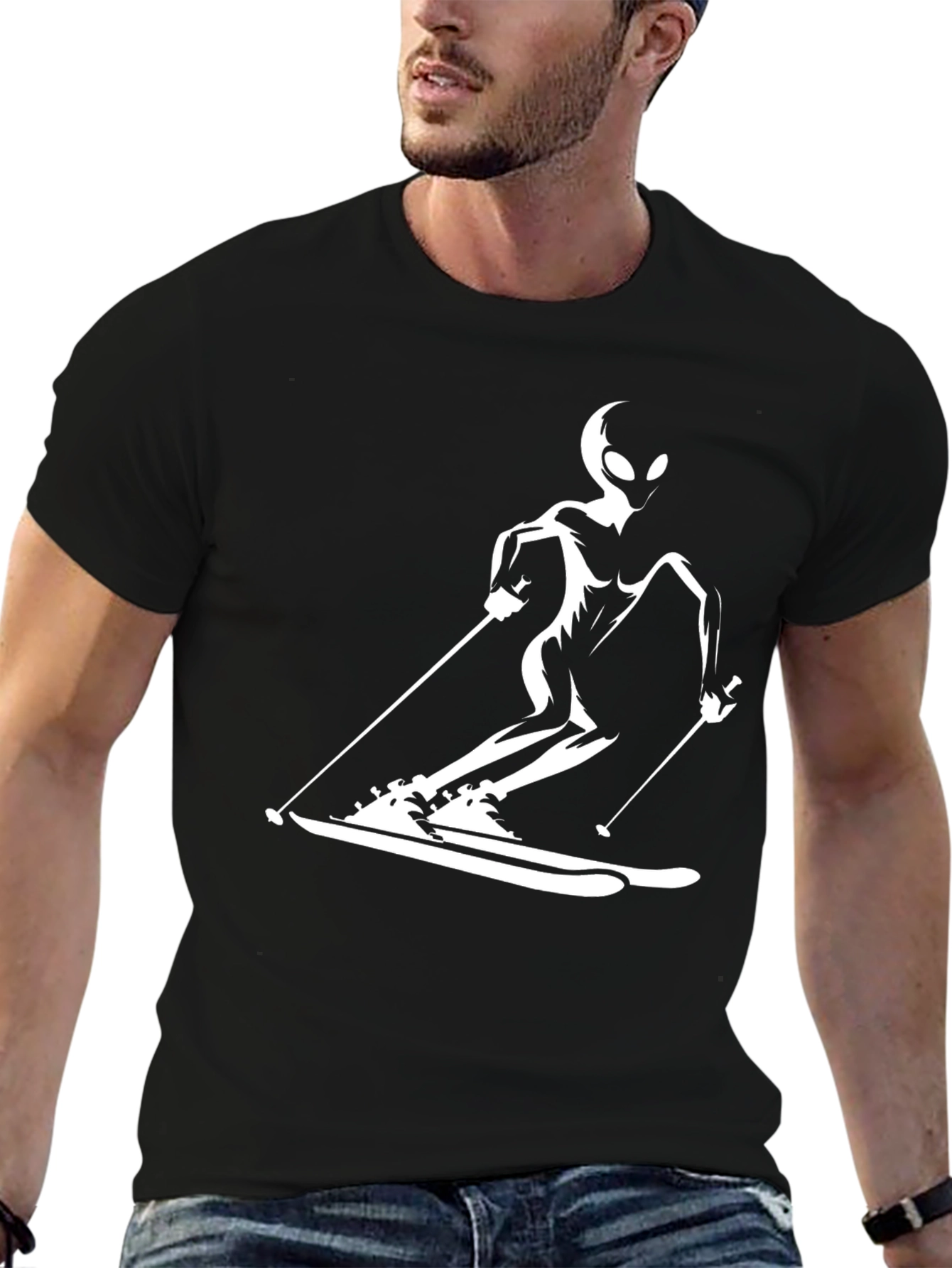 Skiing Alien Graphic Tee - Black Cotton Casual T-Shirt
