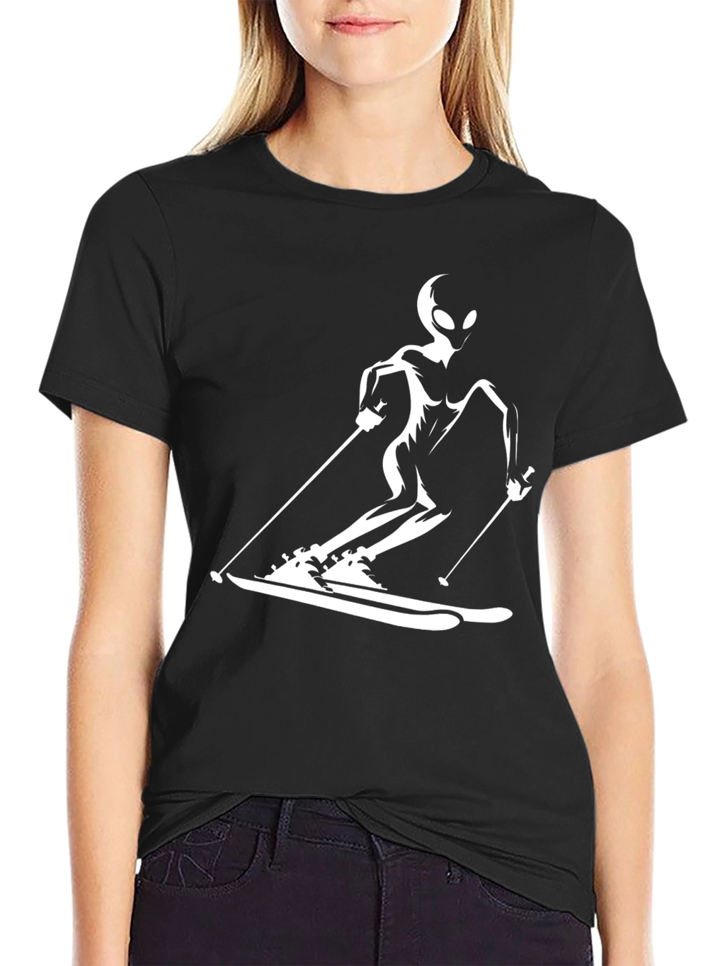 Skiing Alien Graphic Tee - Black Cotton Casual T-Shirt