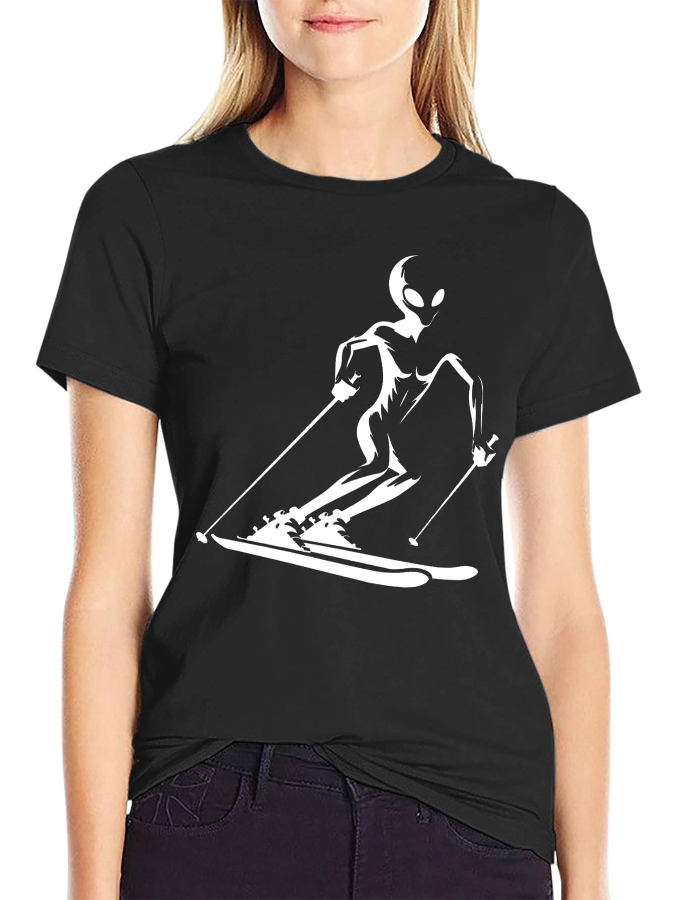 Skiing Alien Graphic Tee - Black Cotton Casual T-Shirt