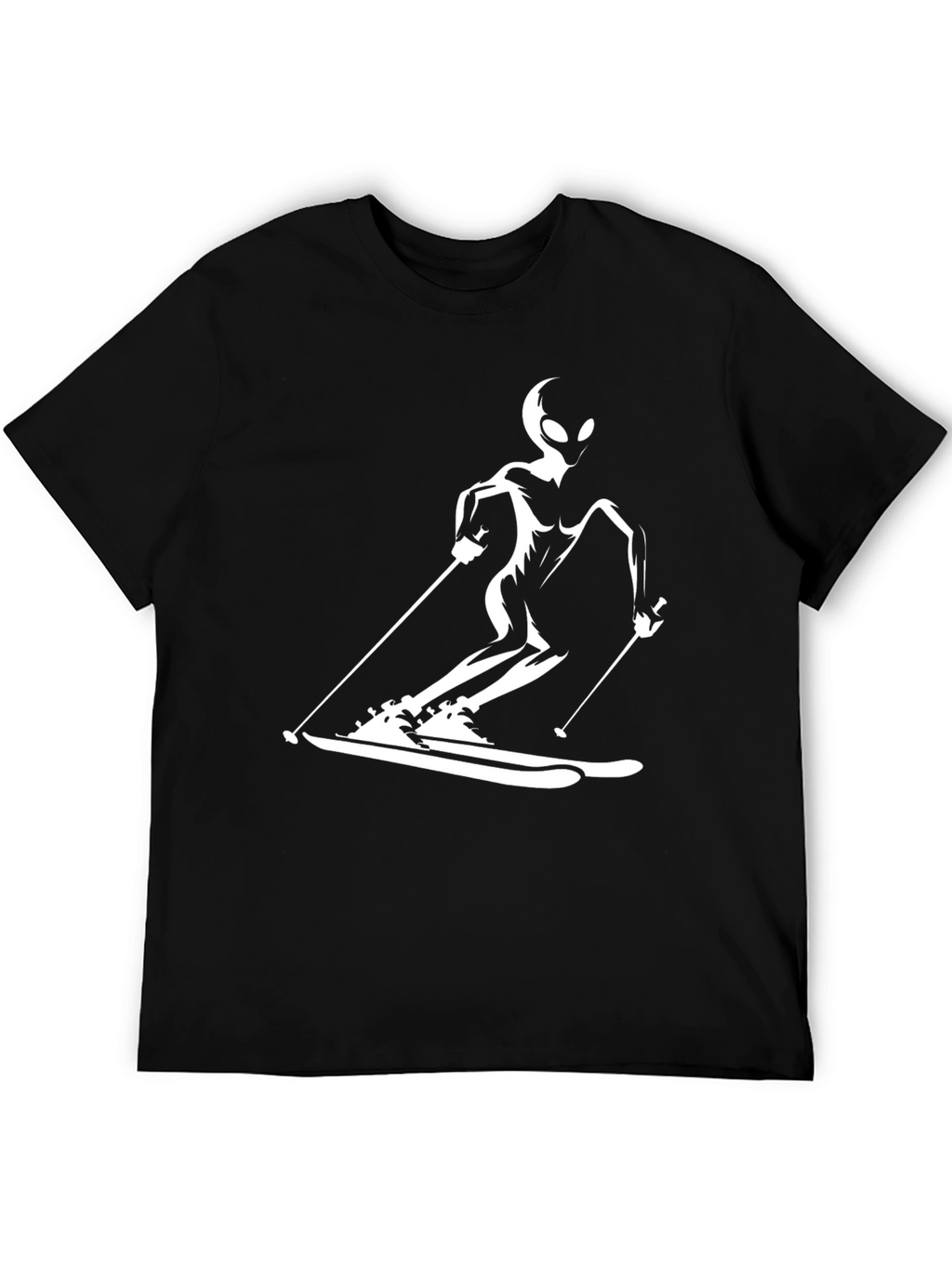 Skiing Alien Graphic Tee - Black Cotton Casual T-Shirt