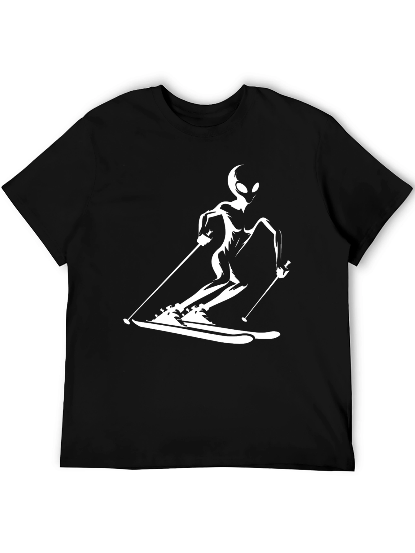 Skiing Alien Graphic Tee - Black Cotton Casual T-Shirt