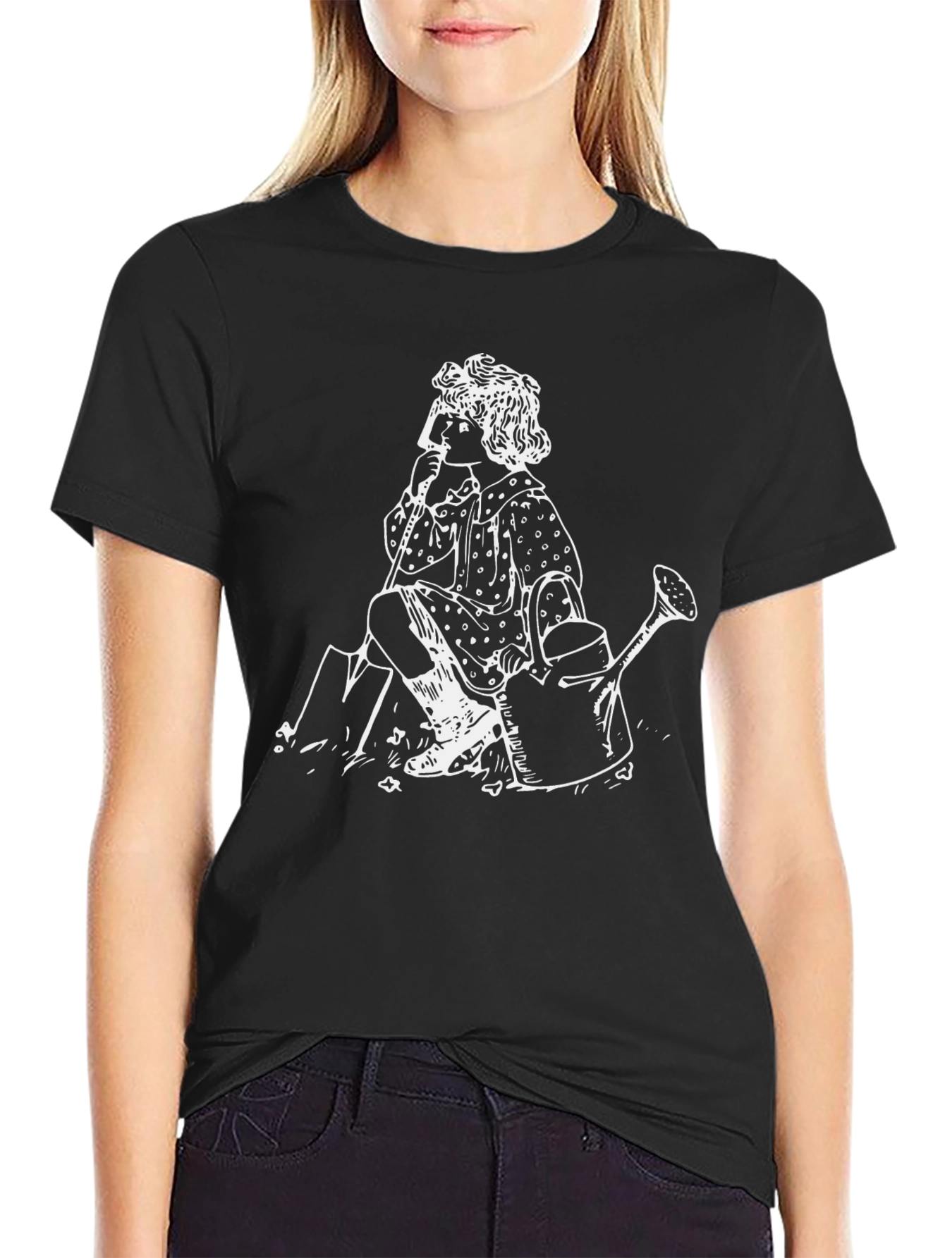 Vintage Girl Gardening Black T-Shirt