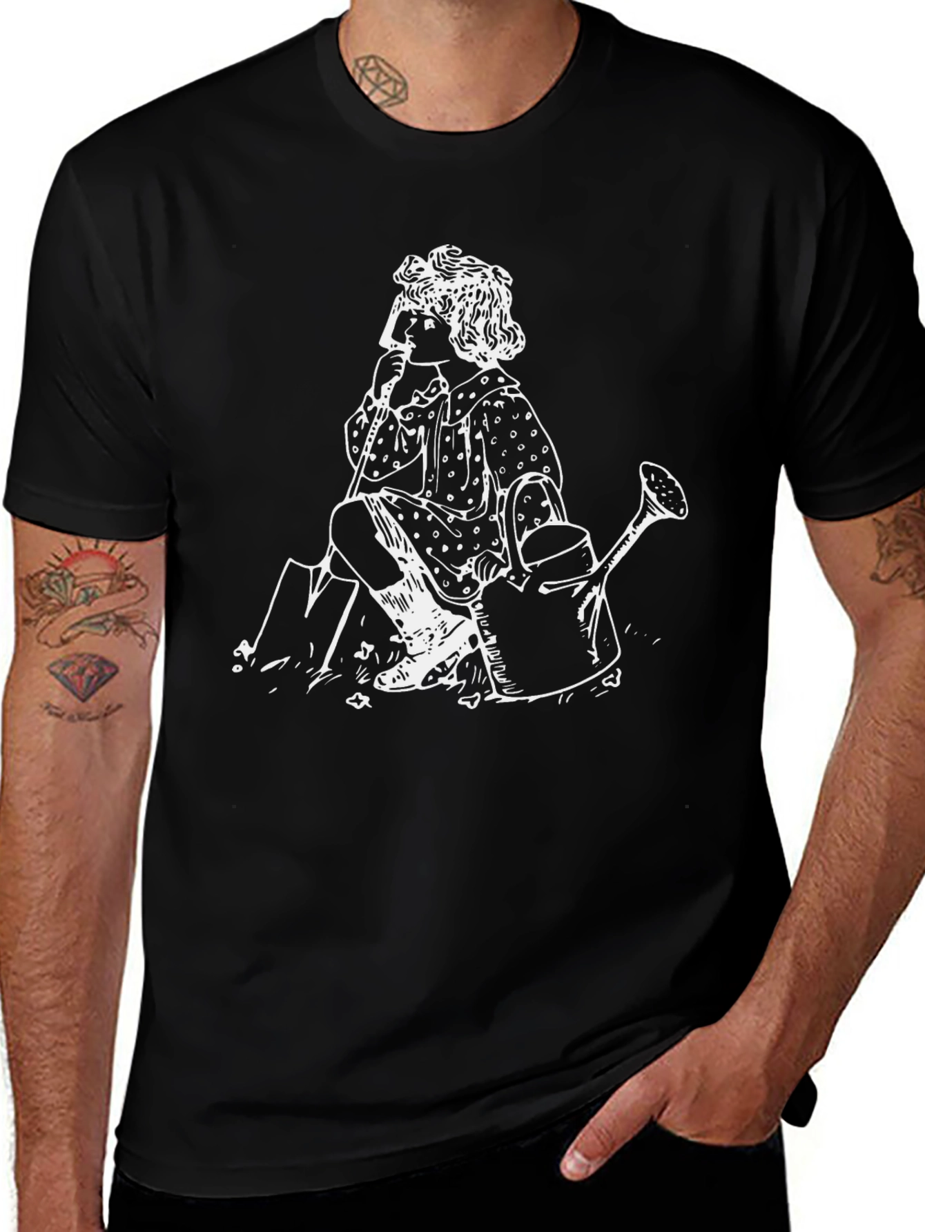 Vintage Girl Gardening Black T-Shirt