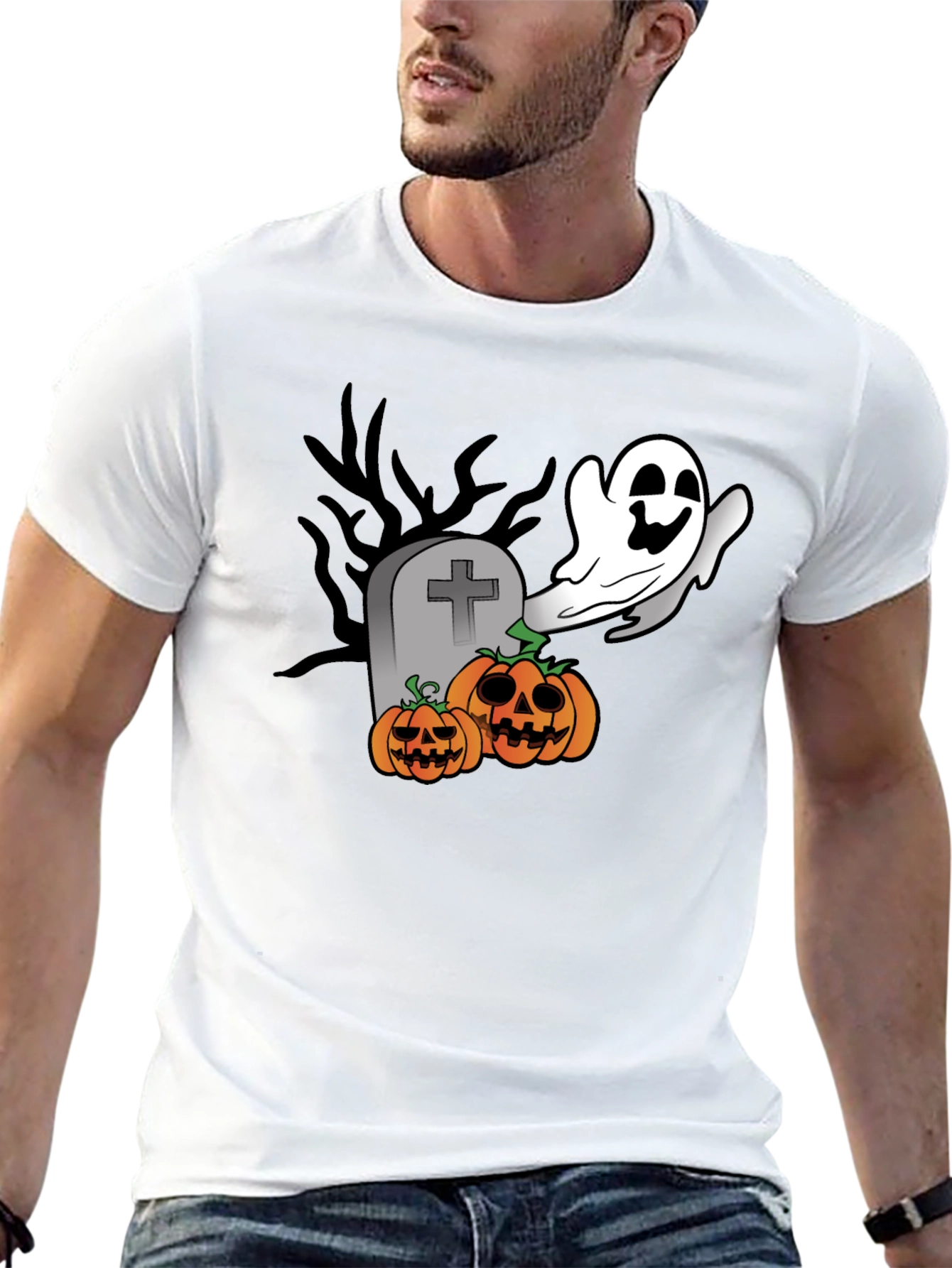 Halloween Ghost & Pumpkin Graphic Black T-Shirt