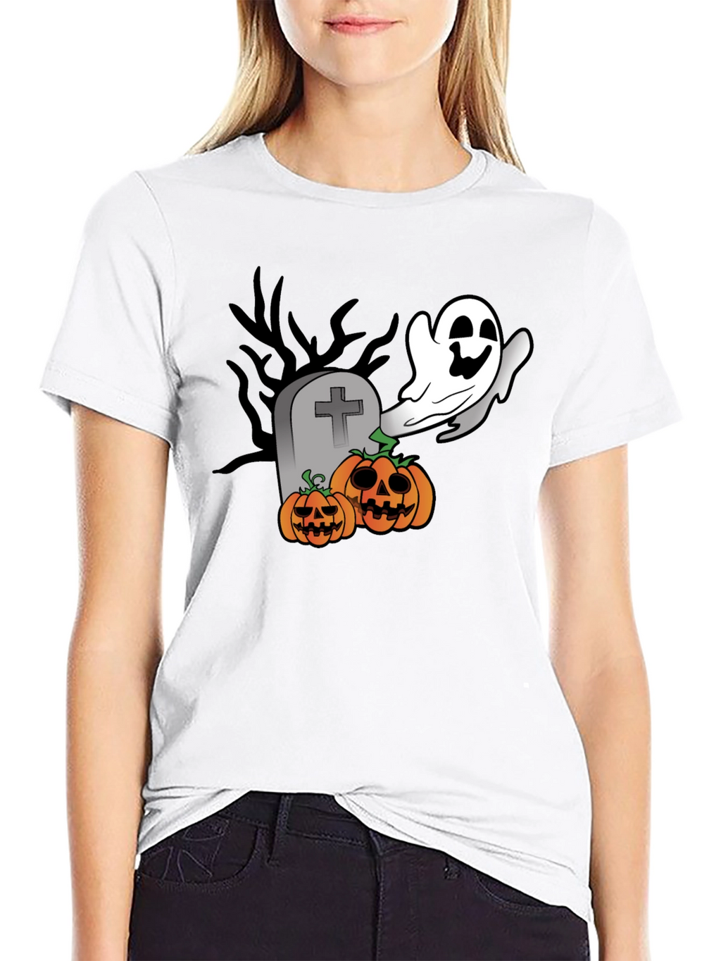 Halloween Ghost & Pumpkin Graphic Black T-Shirt
