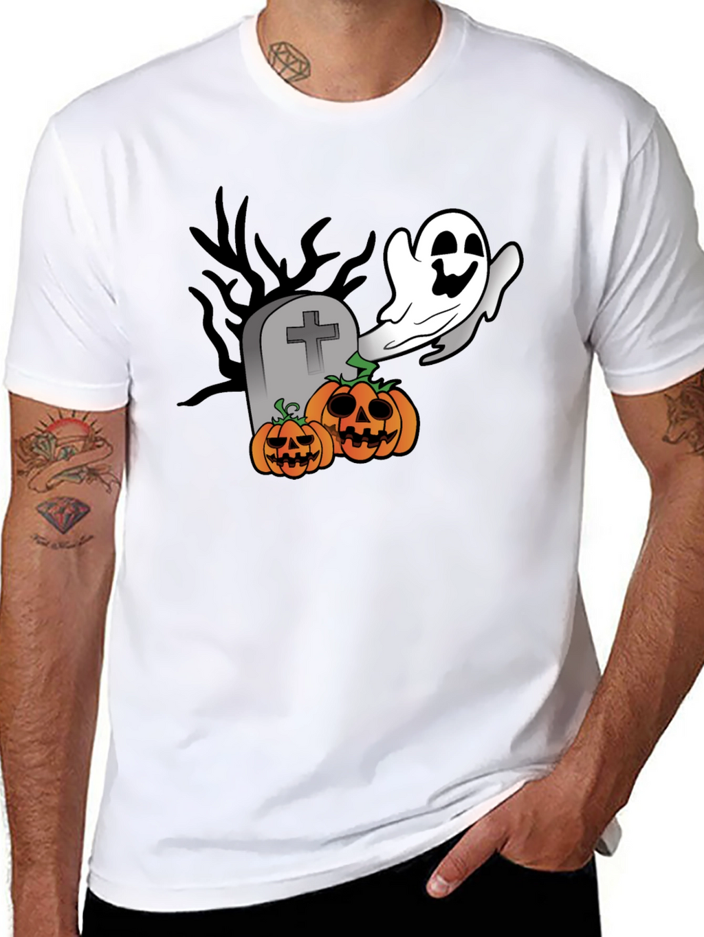 Halloween Ghost & Pumpkin Graphic Black T-Shirt