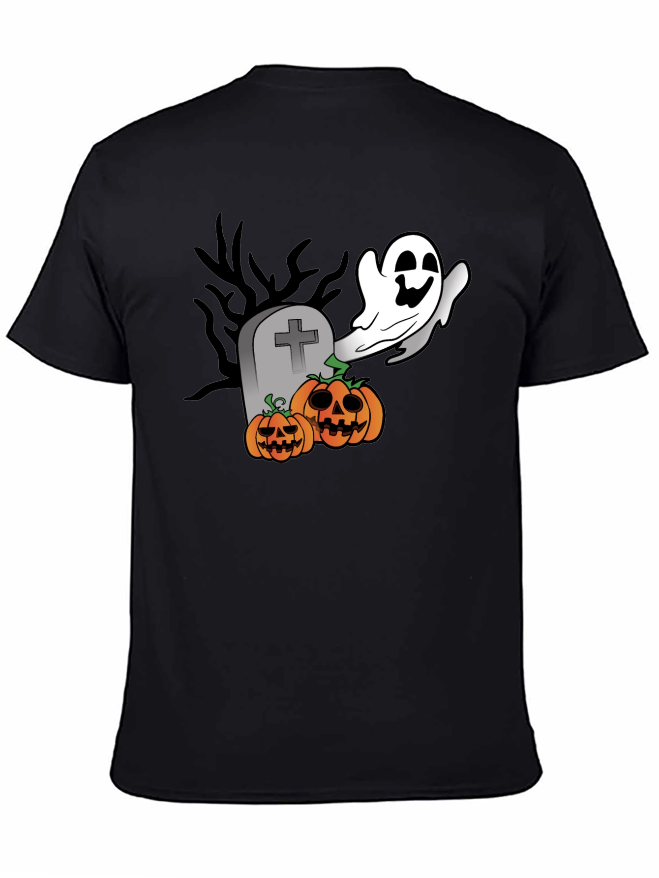 Halloween Ghost & Pumpkin Graphic Black T-Shirt