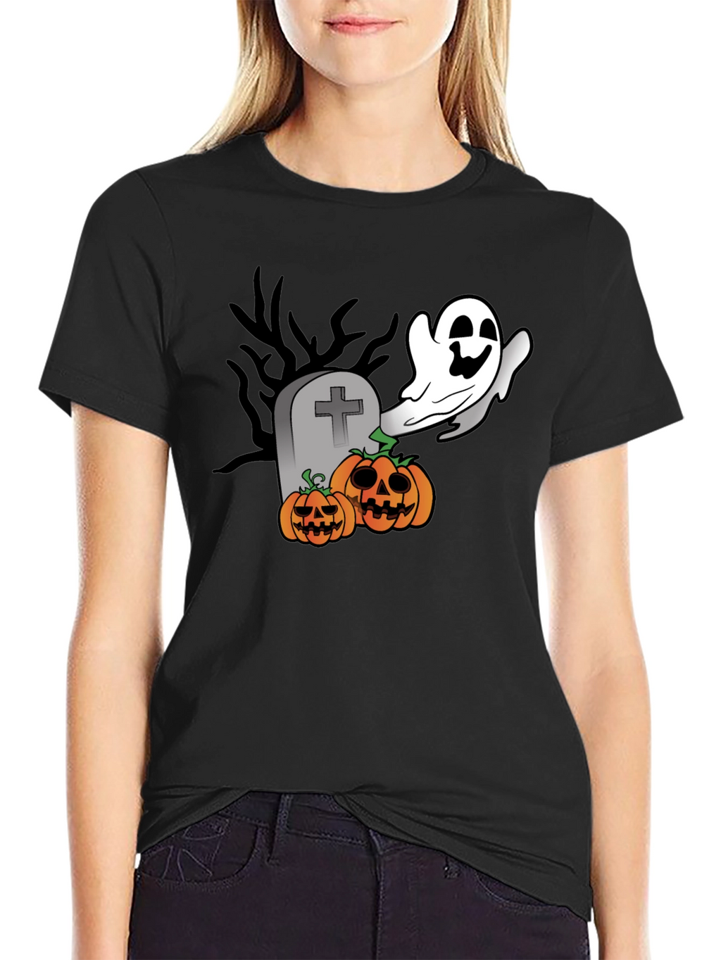Halloween Ghost & Pumpkin Graphic Black T-Shirt
