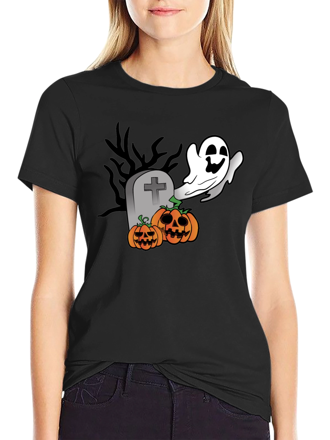 Halloween Ghost & Pumpkin Graphic Black T-Shirt
