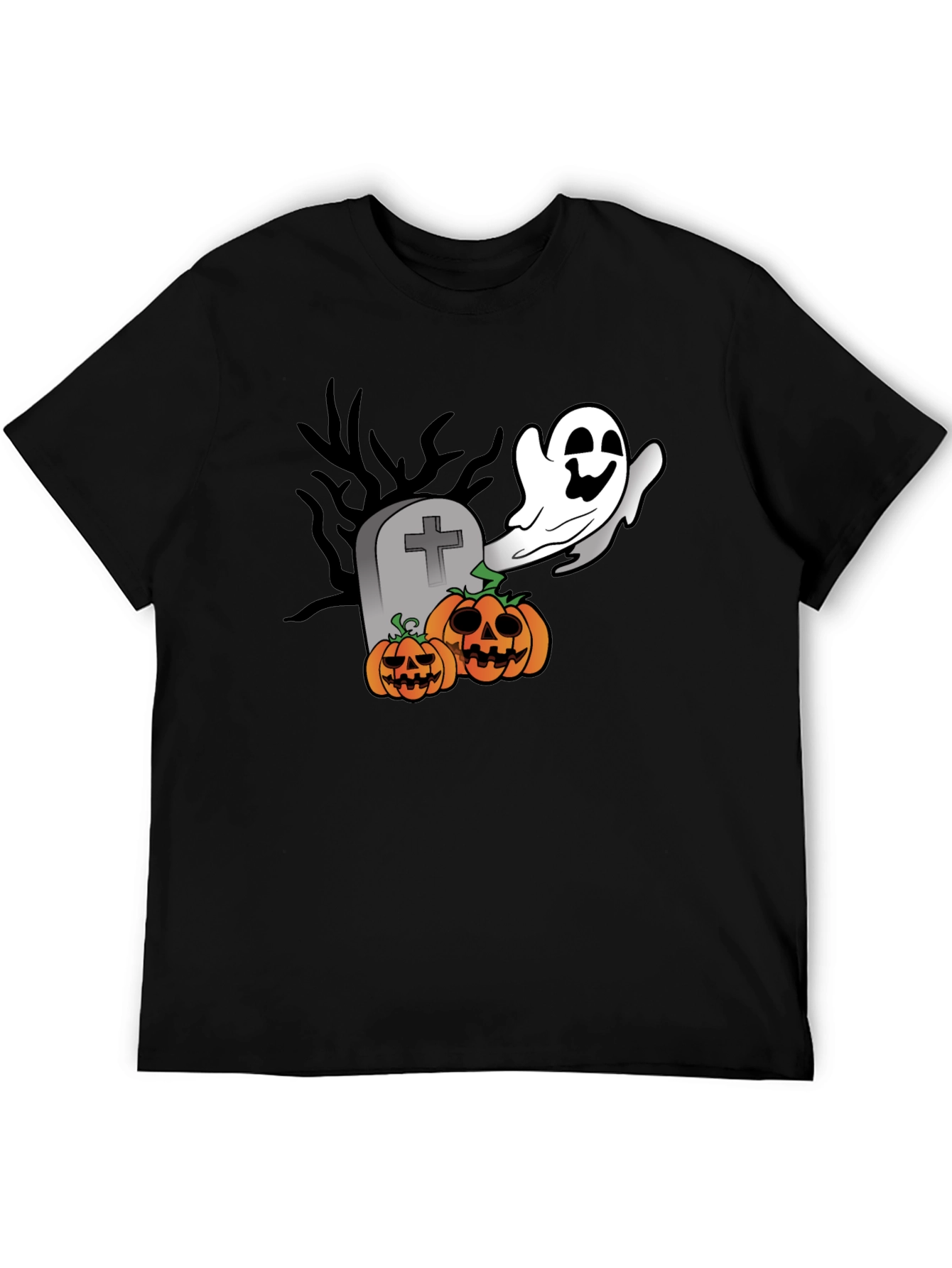Halloween Ghost & Pumpkin Graphic Black T-Shirt