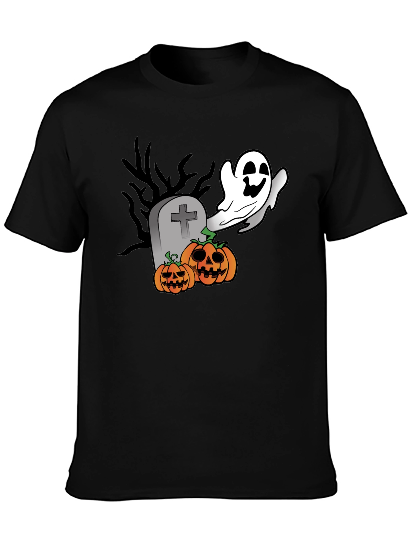 Halloween Ghost & Pumpkin Graphic Black T-Shirt