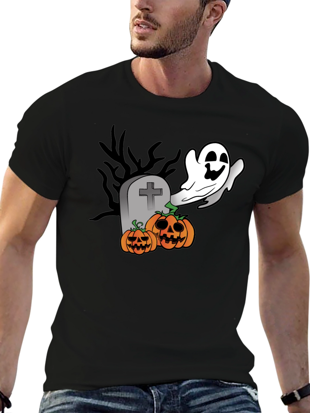 Halloween Ghost & Pumpkin Graphic Black T-Shirt