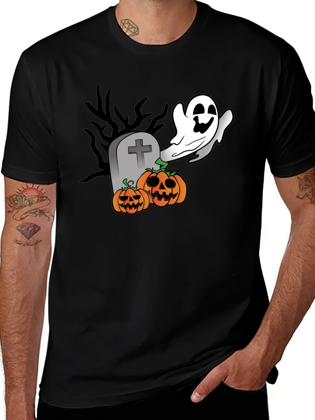 Halloween Ghost & Pumpkin Graphic Black T-Shirt