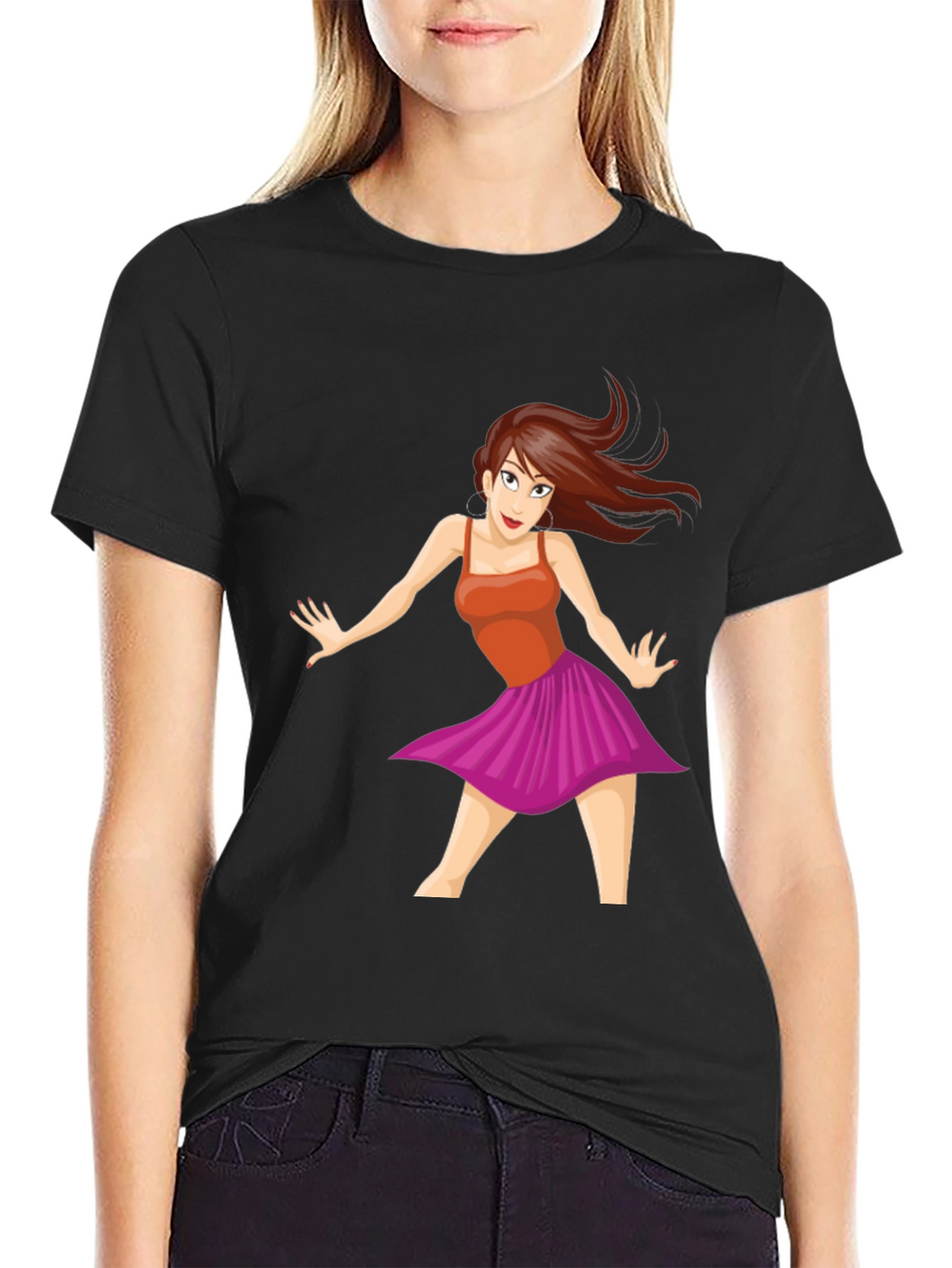 Cartoon Dancer Graphic Tee - Black Casual T-Shirt