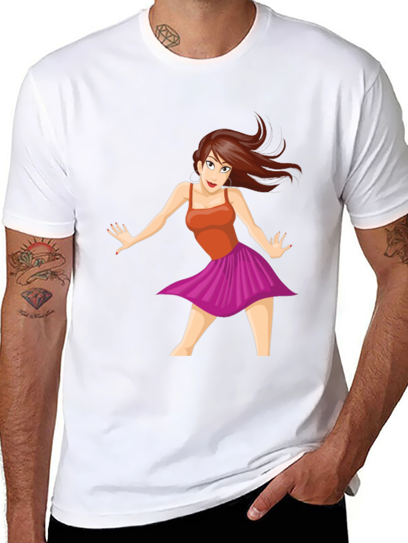 Cartoon Dancer Graphic Tee - Black Casual T-Shirt