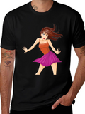 Cartoon Dancer Graphic Tee - Black Casual T-Shirt