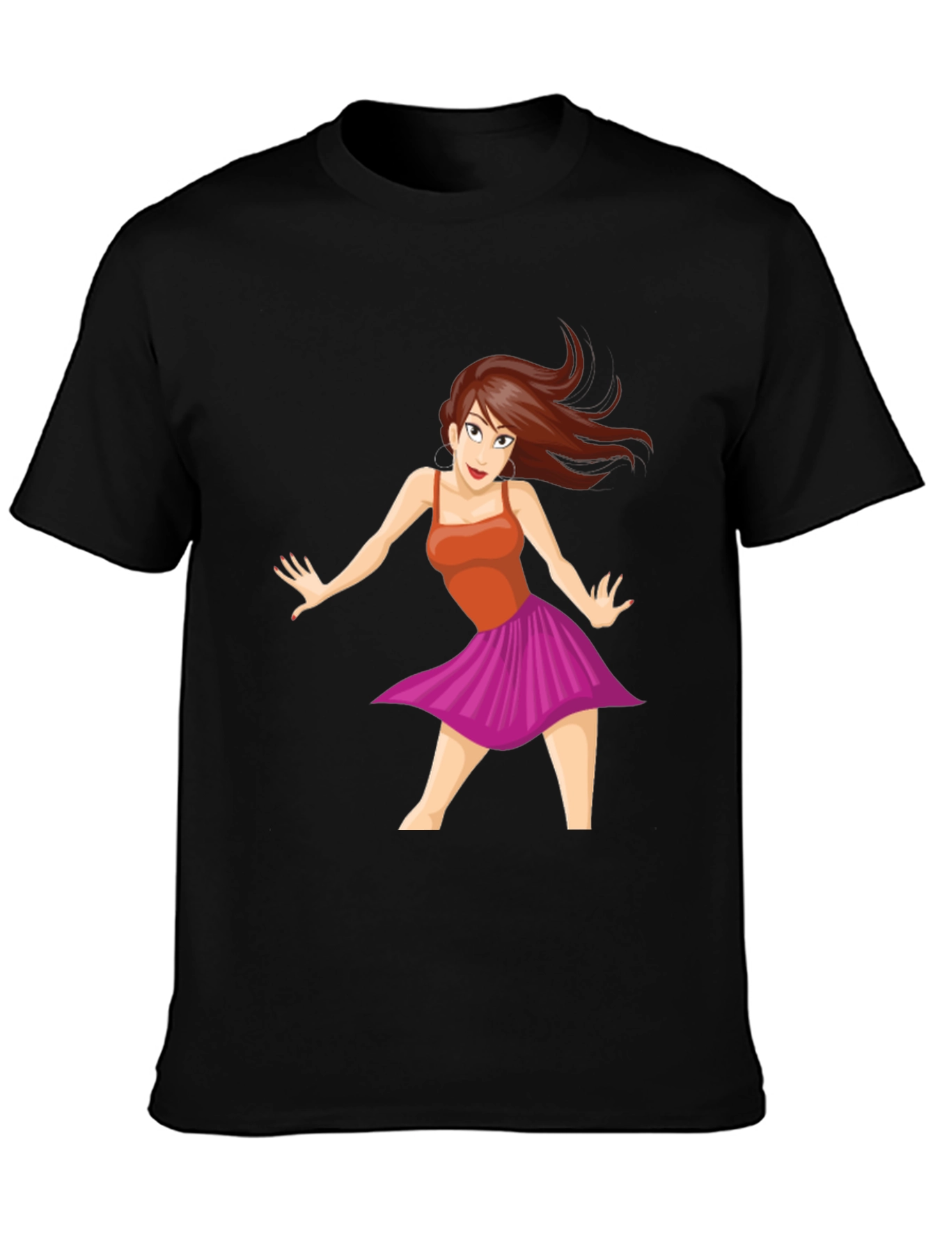 Cartoon Dancer Graphic Tee - Black Casual T-Shirt