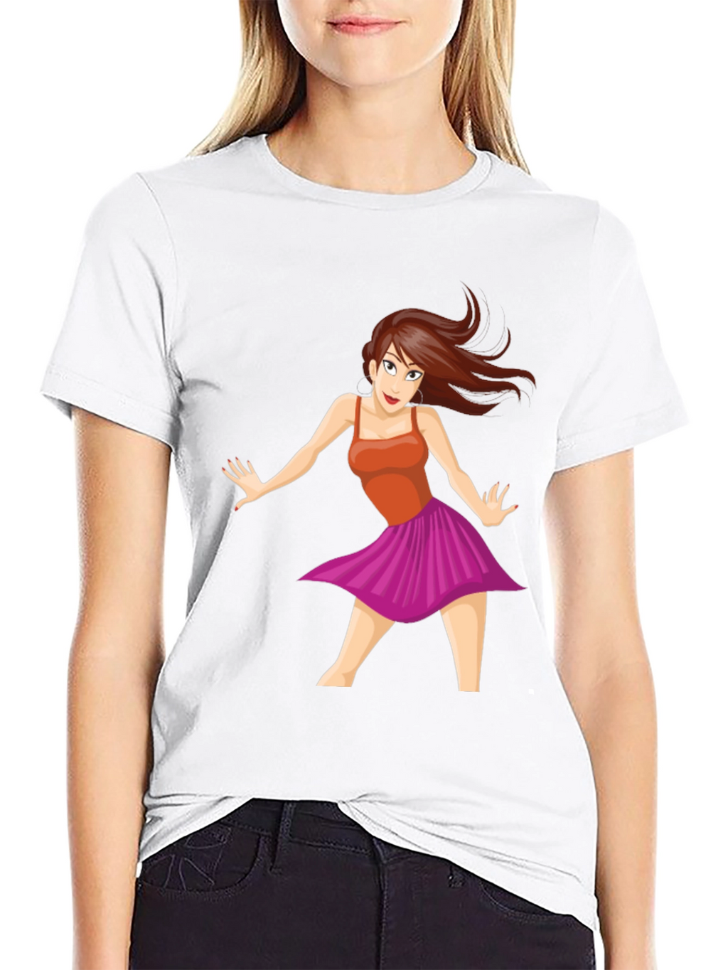 Cartoon Dancer Graphic Tee - Black Casual T-Shirt