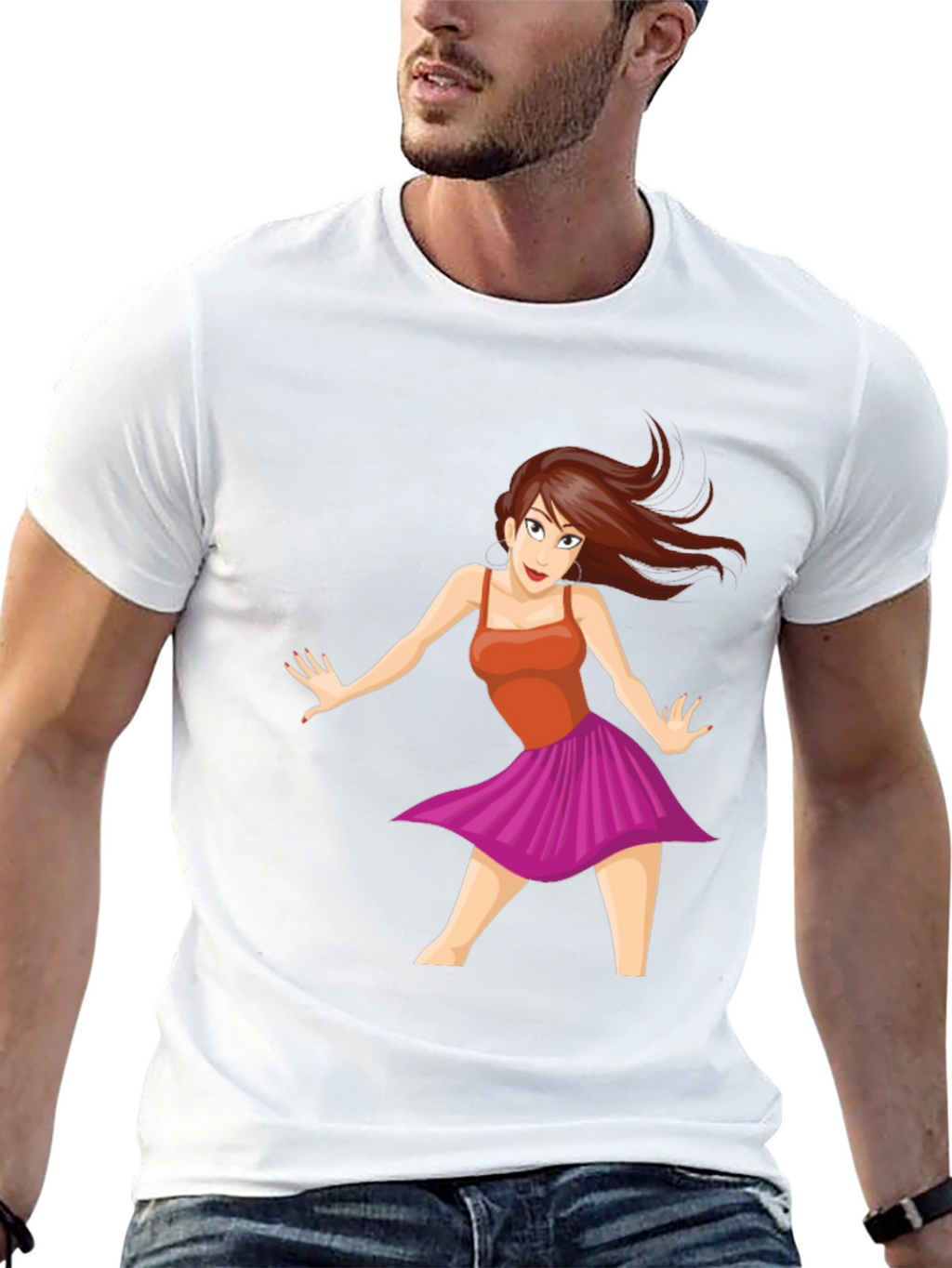 Cartoon Dancer Graphic Tee - Black Casual T-Shirt