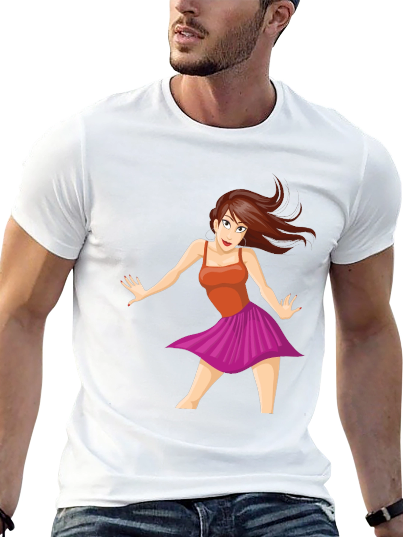 Cartoon Dancer Graphic Tee - Black Casual T-Shirt