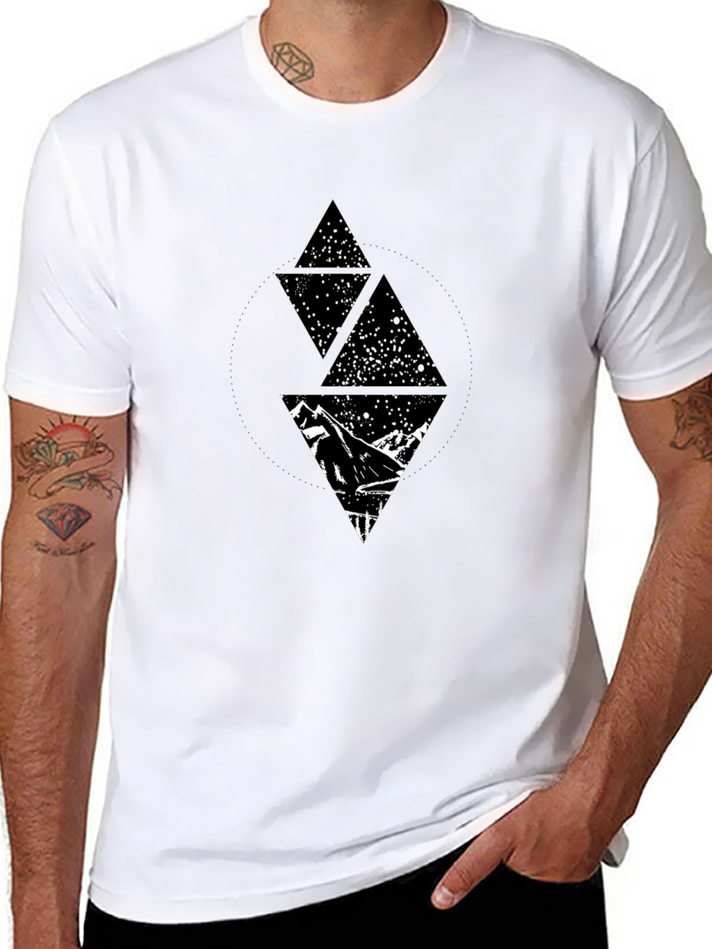 Geometric Mountain Starry Sky Graphic Tee - Black