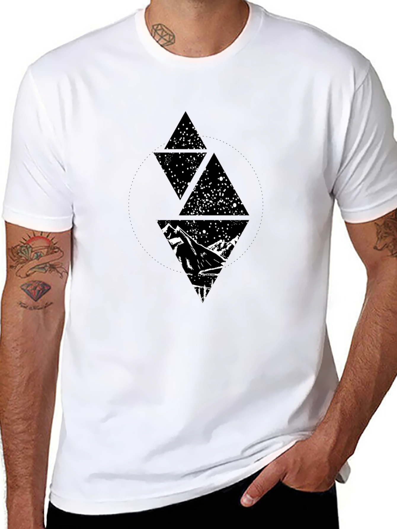 Geometric Mountain Starry Sky Graphic Tee - Black