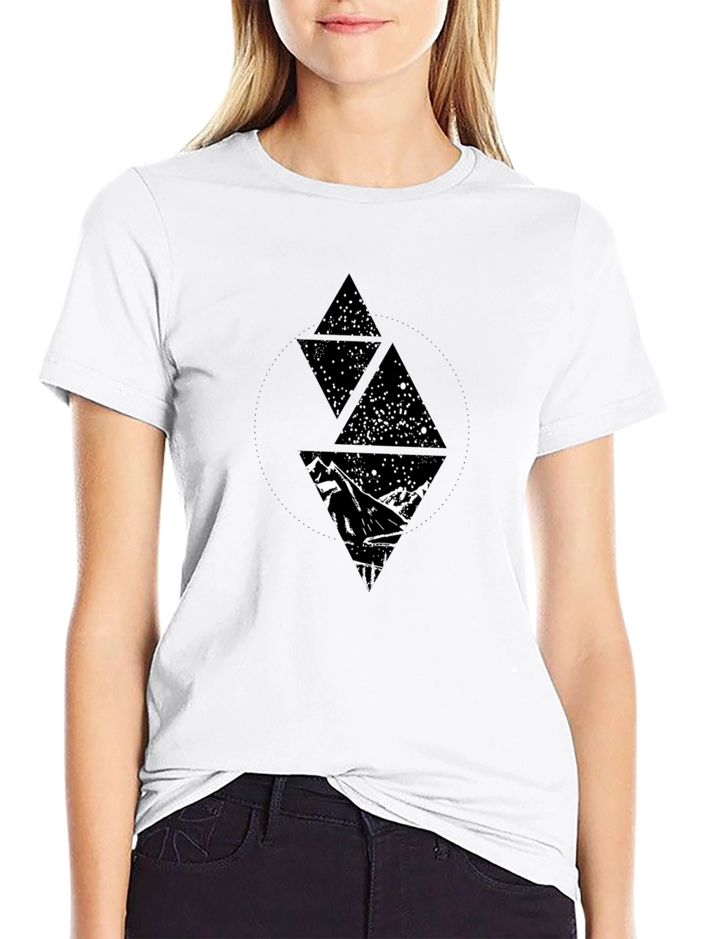 Geometric Mountain Starry Sky Graphic Tee - Black