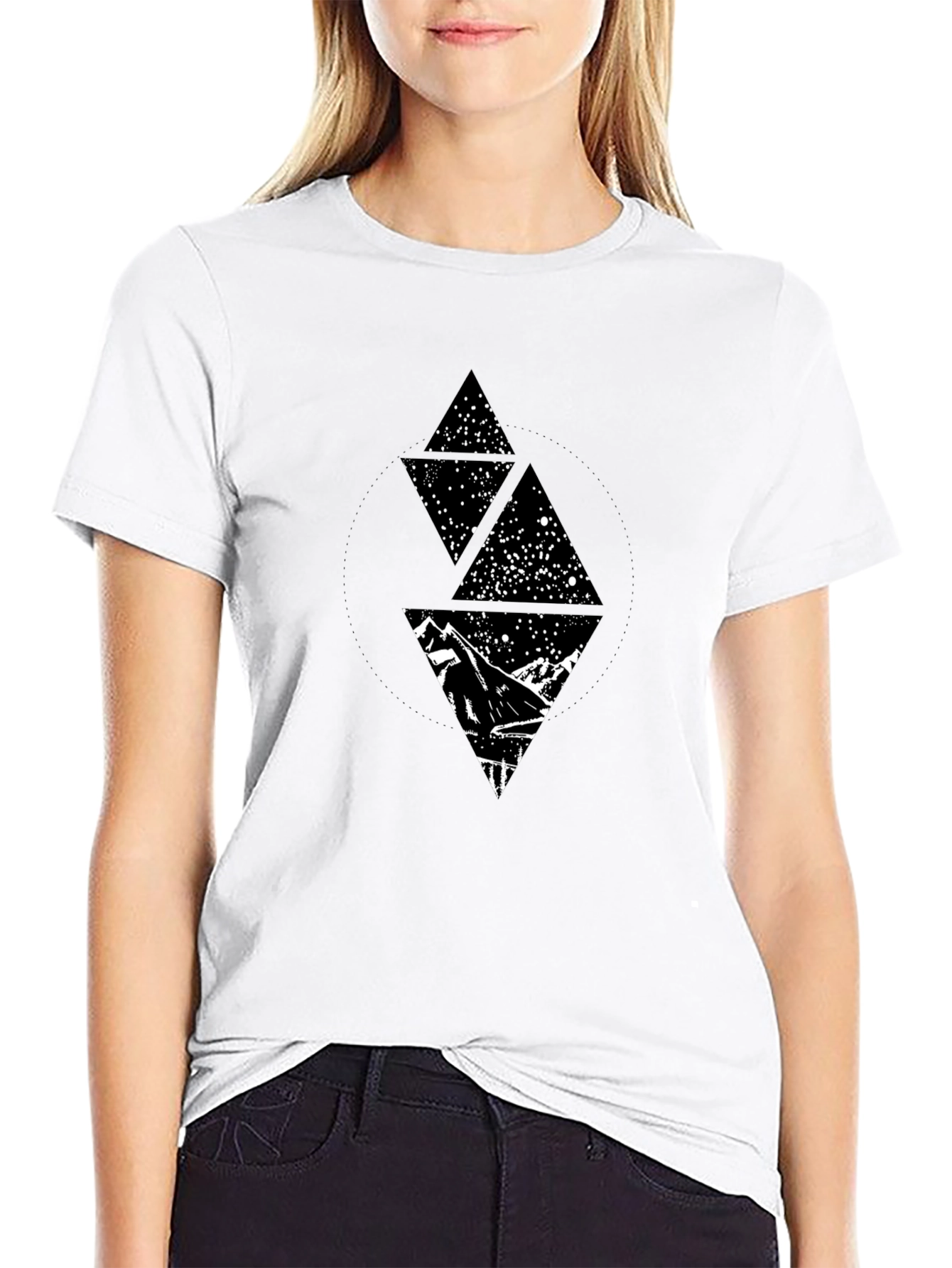 Geometric Mountain Starry Sky Graphic Tee - Black