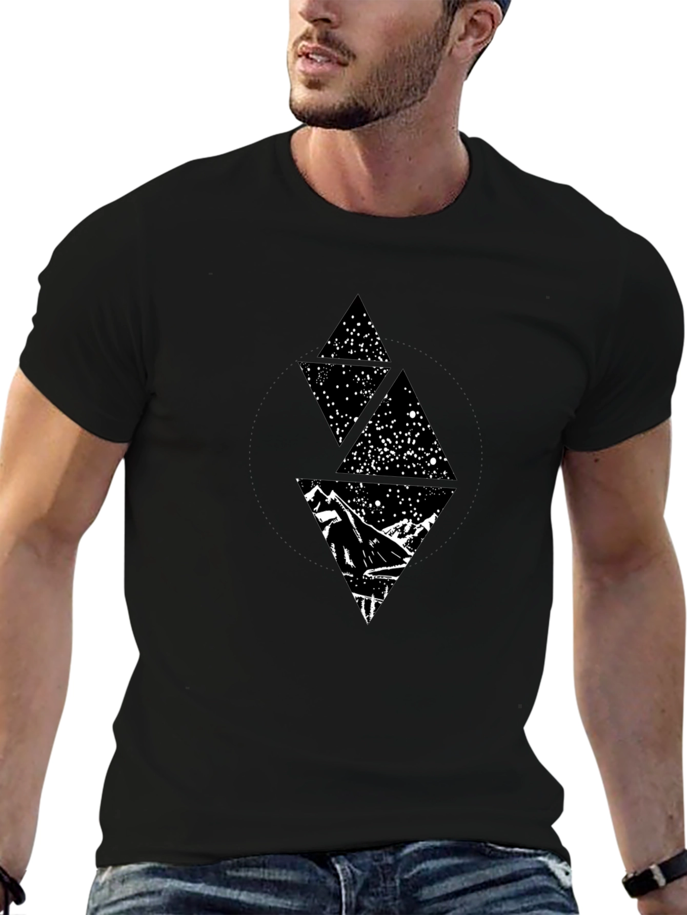 Geometric Mountain Starry Sky Graphic Tee - Black