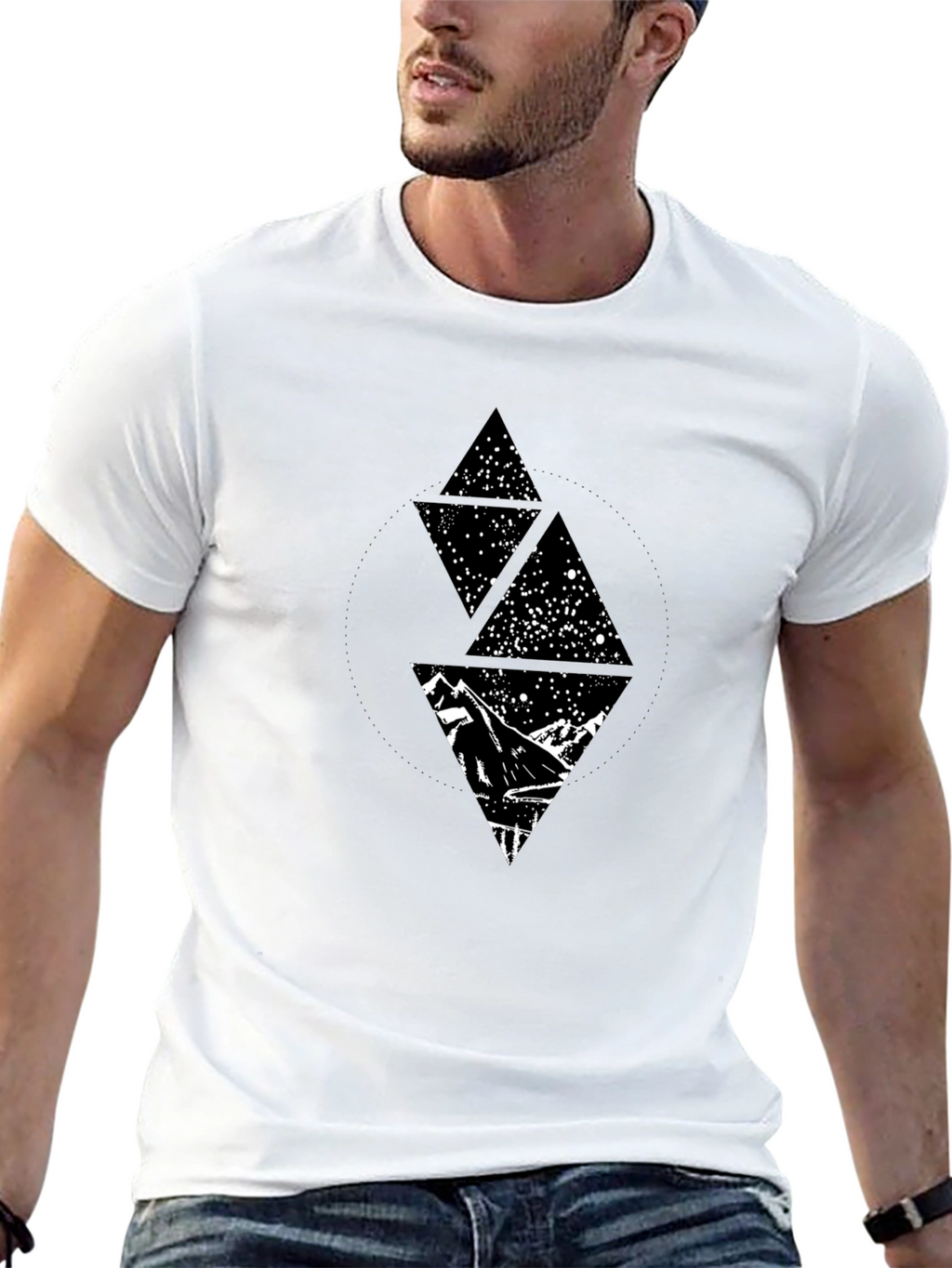 Geometric Mountain Starry Sky Graphic Tee - Black