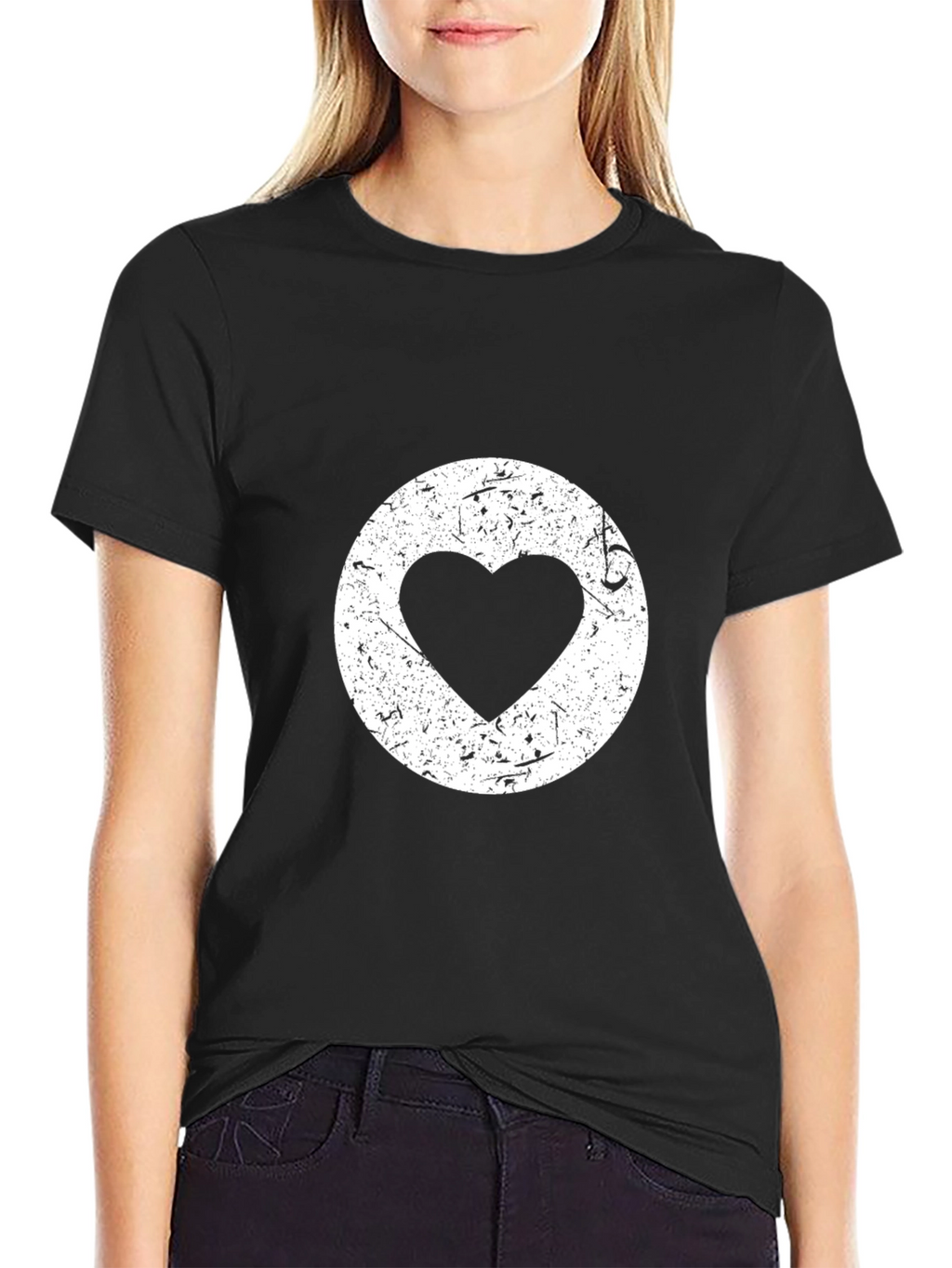 Distressed Heart Circle Black Tee