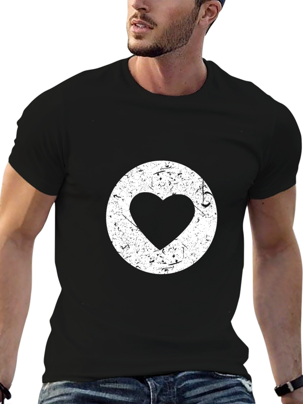 Distressed Heart Circle Black Tee