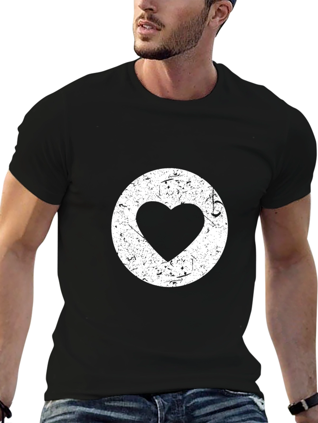 Distressed Heart Circle Black Tee