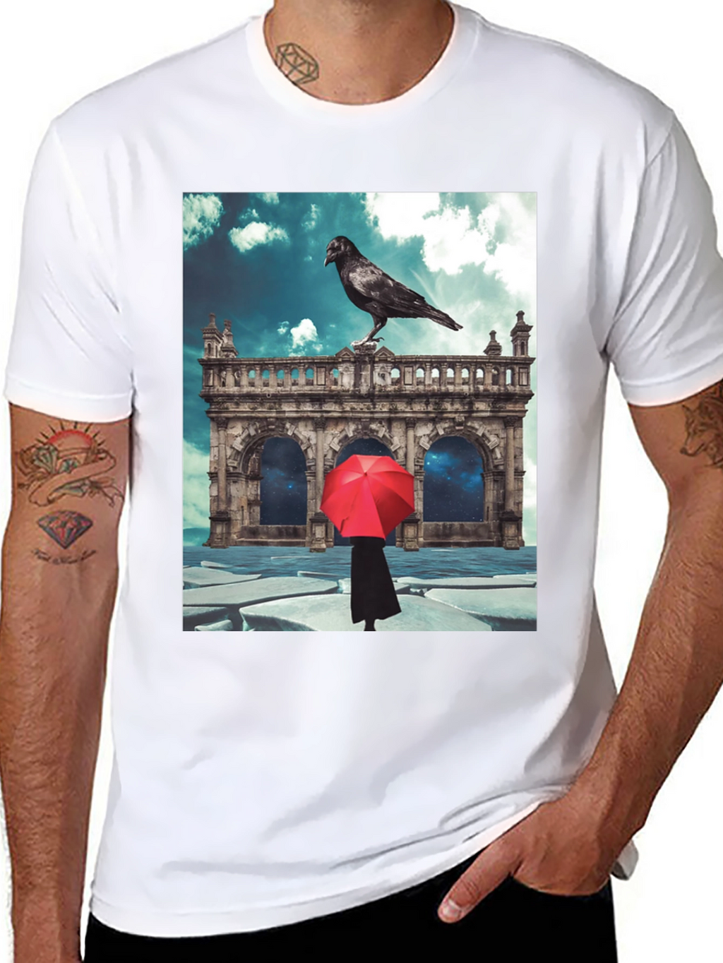 Raven Red Umbrella Black T-Shirt