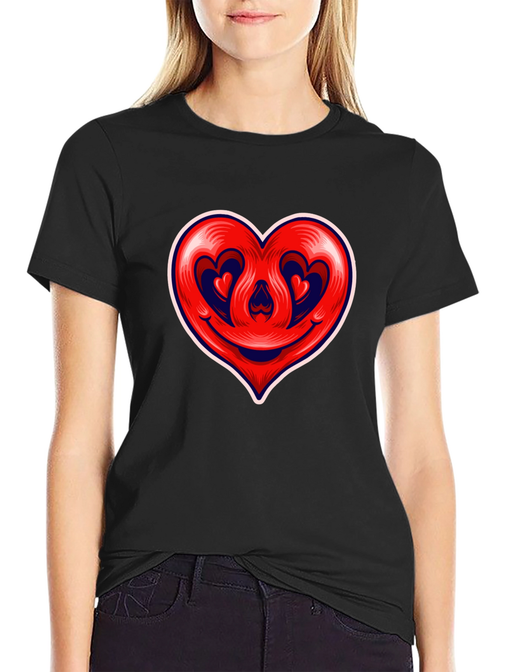 Heart Smile Graphic Tee - Black Cotton T-Shirt