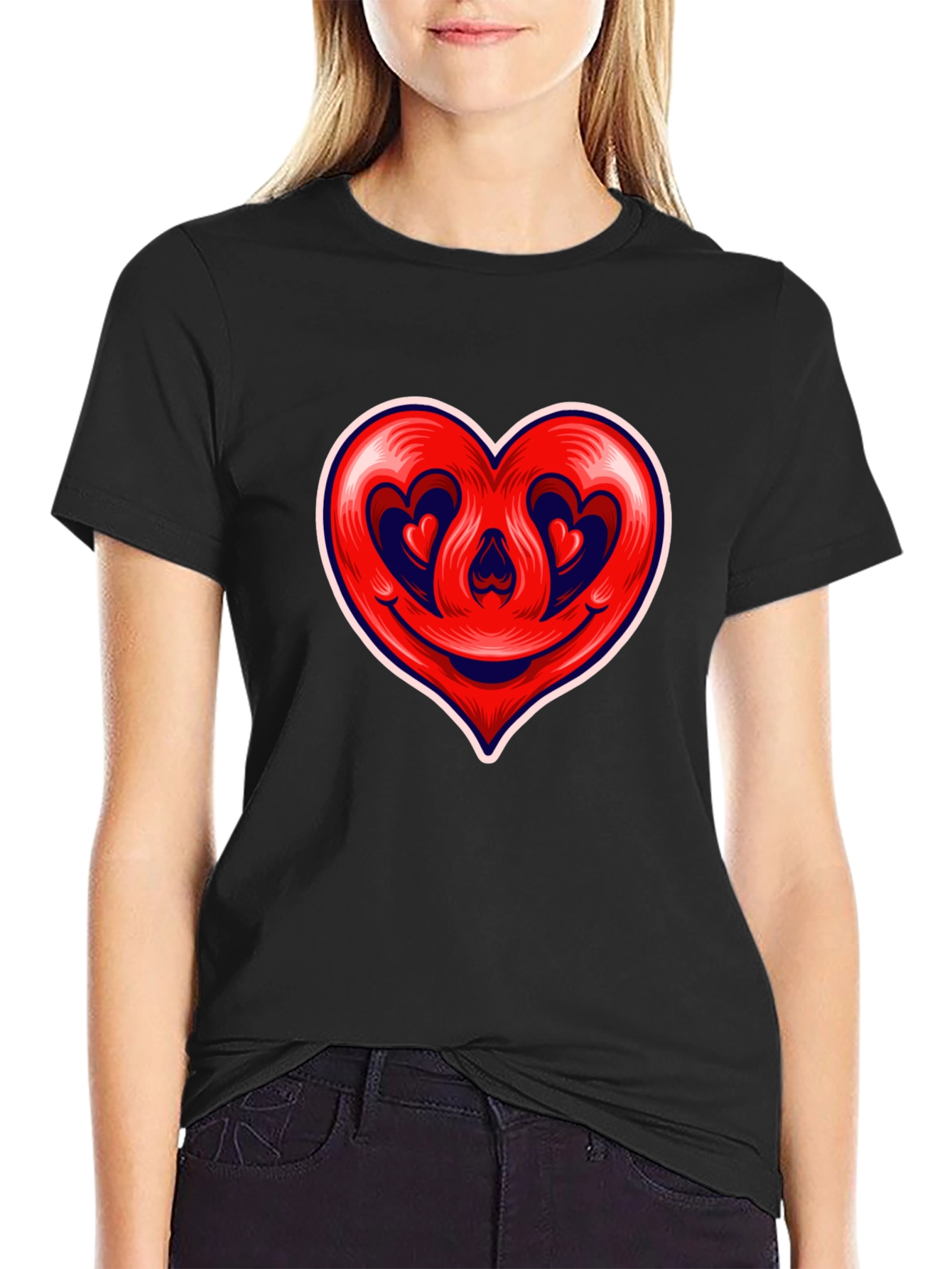 Heart Smile Graphic Tee - Black Cotton T-Shirt