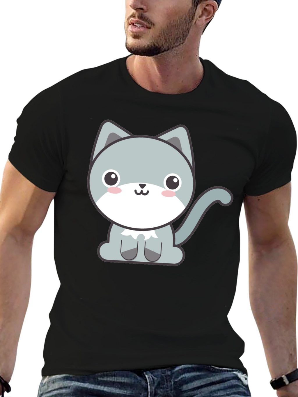 Cute Cartoon Cat Graphic Tee - Black T-Shirt