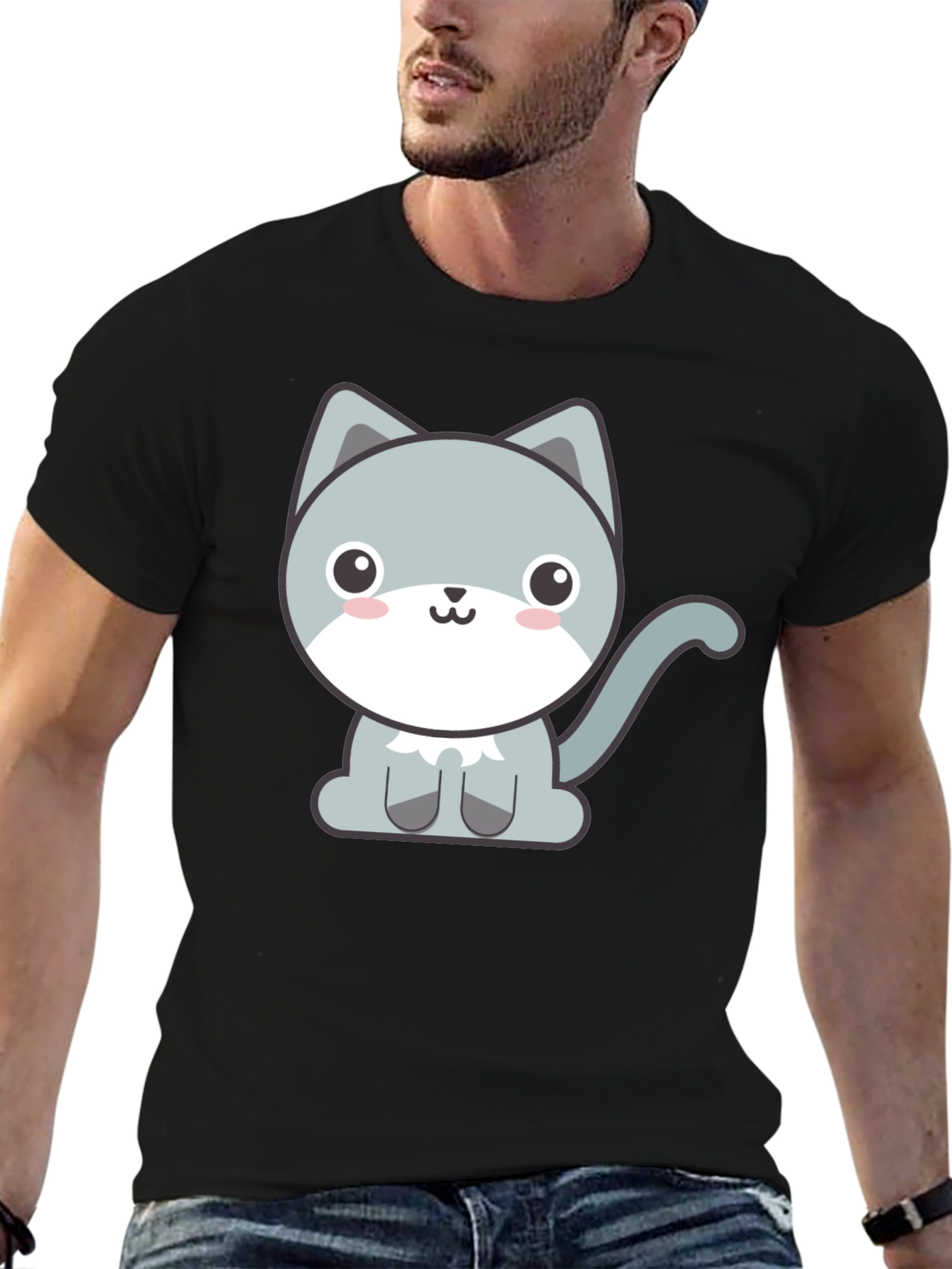 Cute Cartoon Cat Graphic Tee - Black T-Shirt