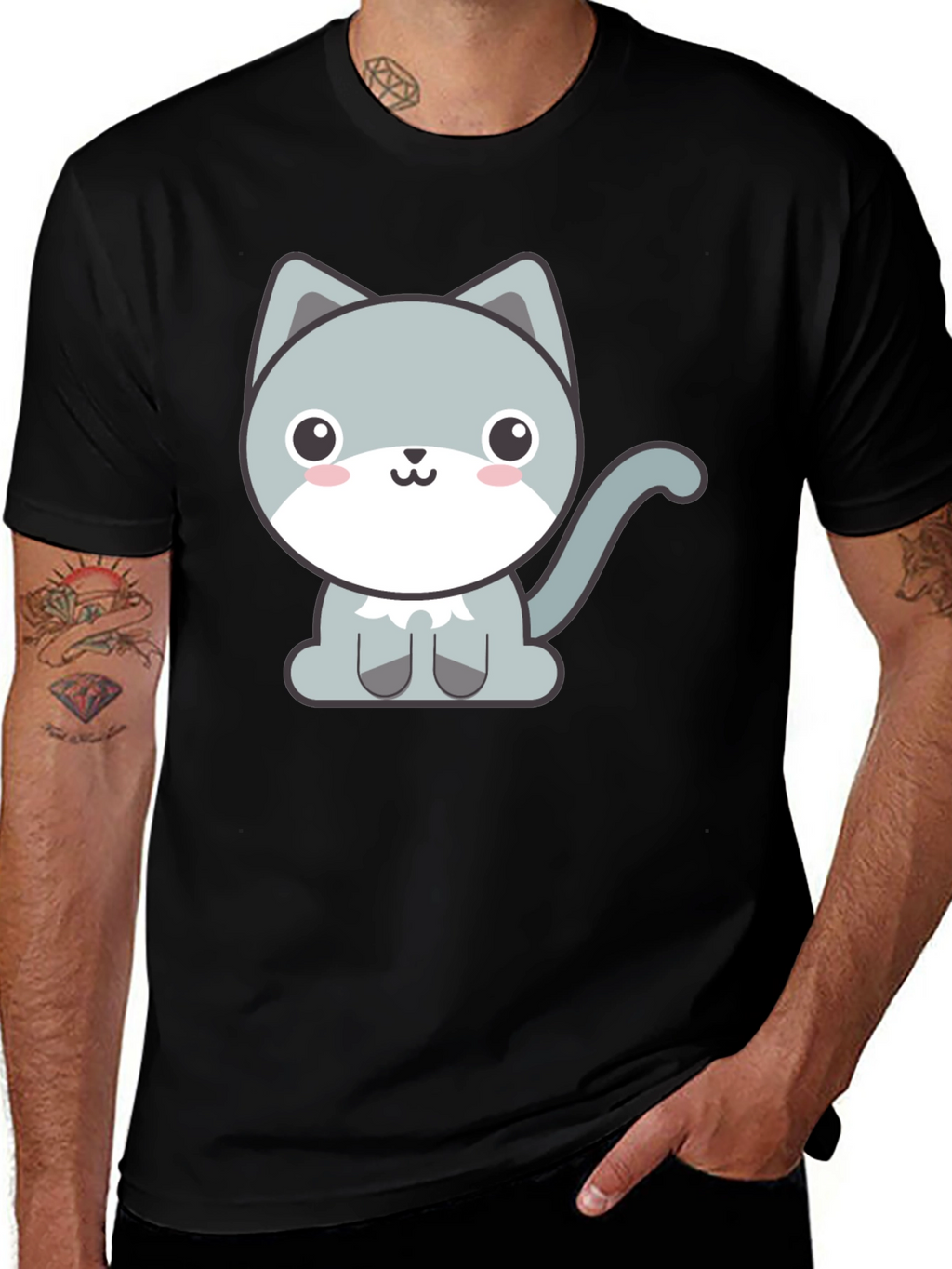 Cute Cartoon Cat Graphic Tee - Black T-Shirt