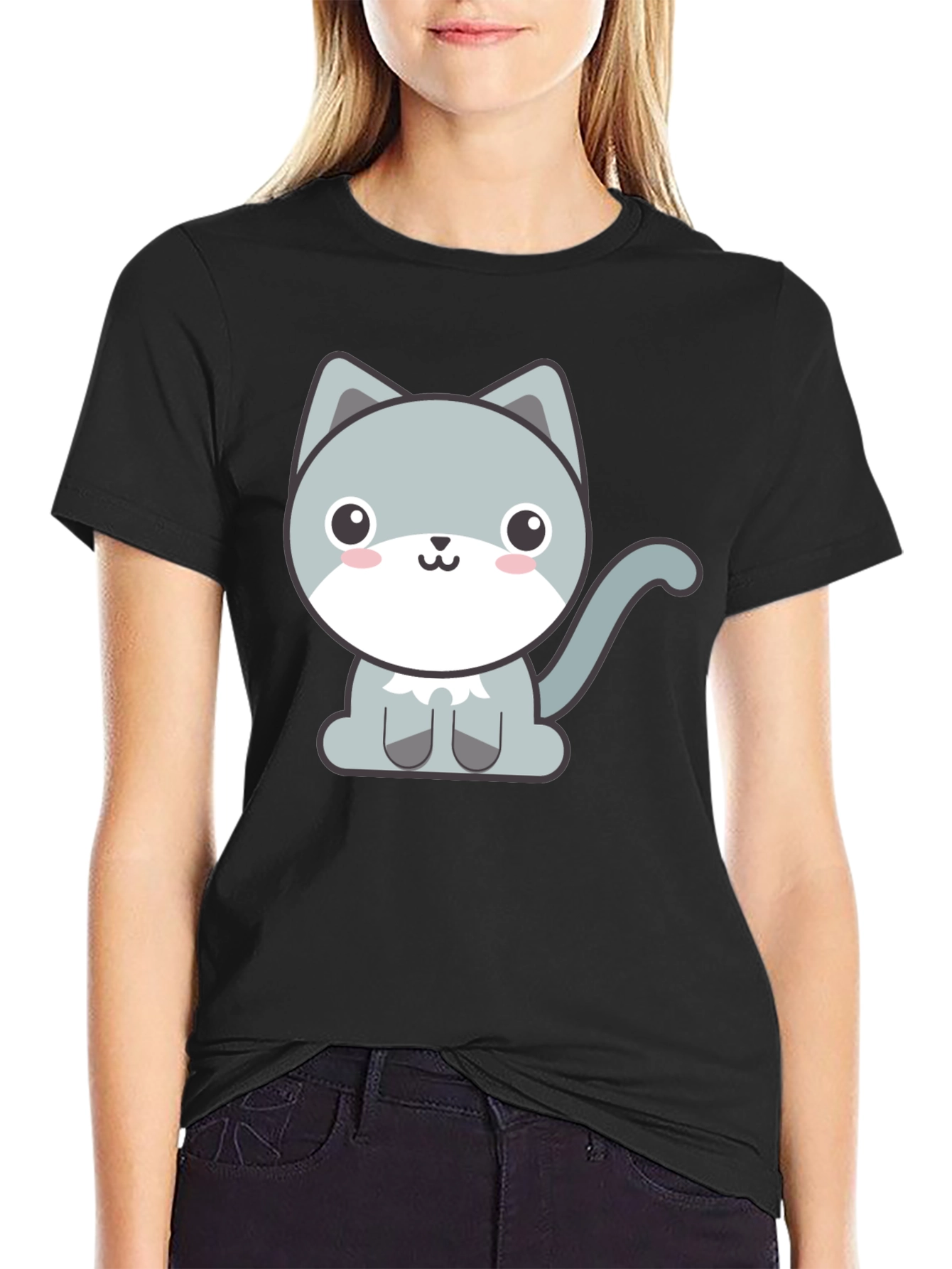 Cute Cartoon Cat Graphic Tee - Black T-Shirt