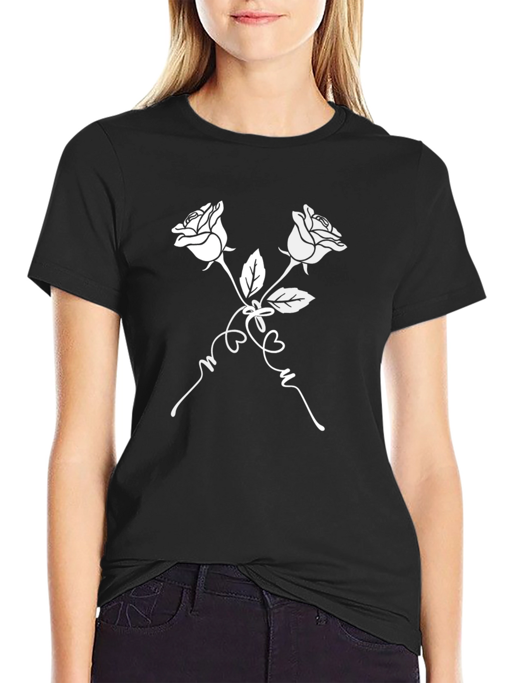 Rose T-Shirt - Black with White Floral Design