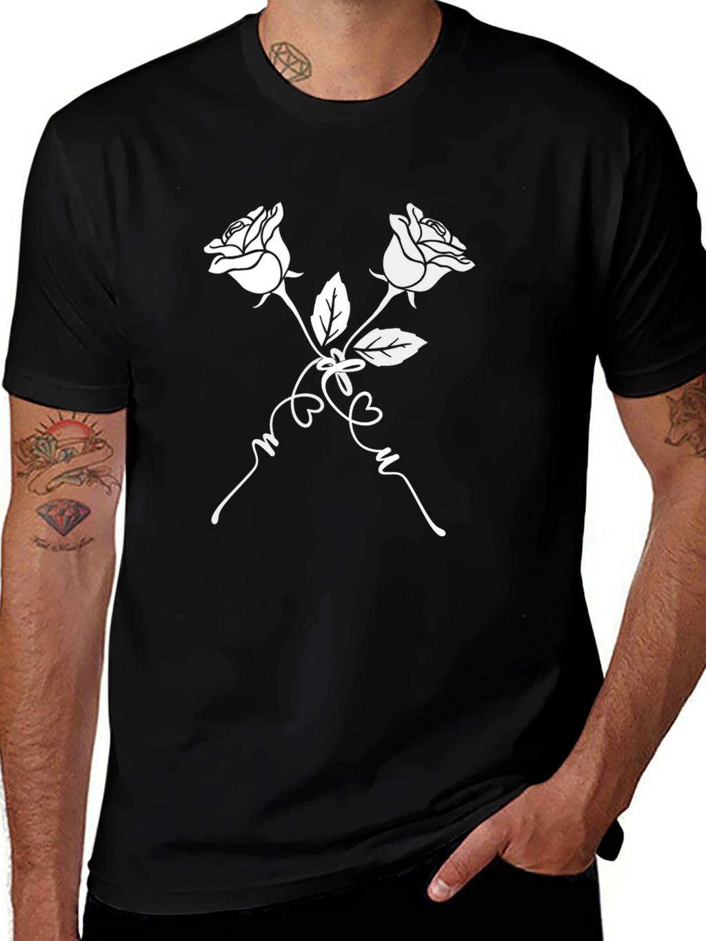 Rose T-Shirt - Black with White Floral Design