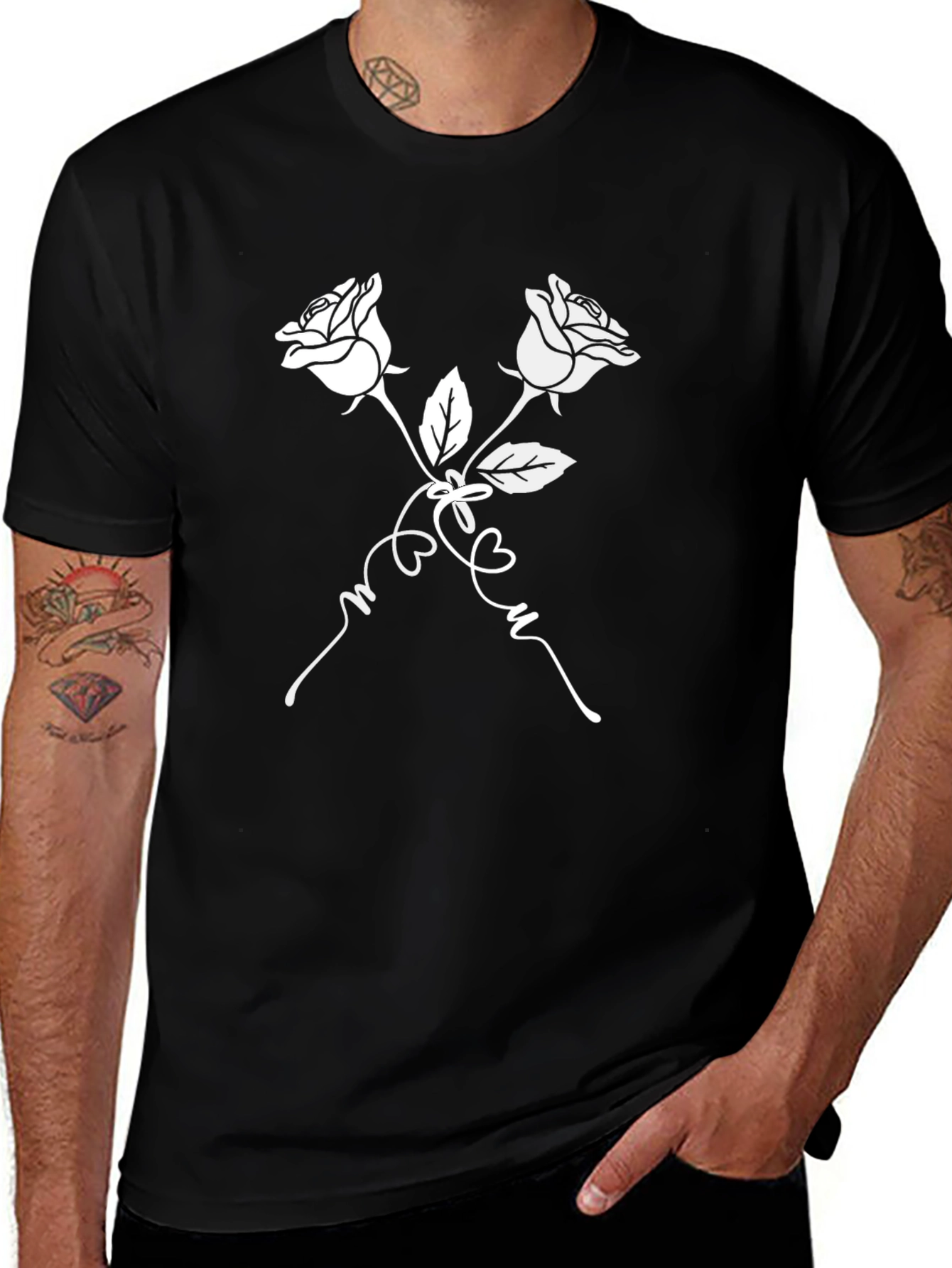 Rose T-Shirt - Black with White Floral Design