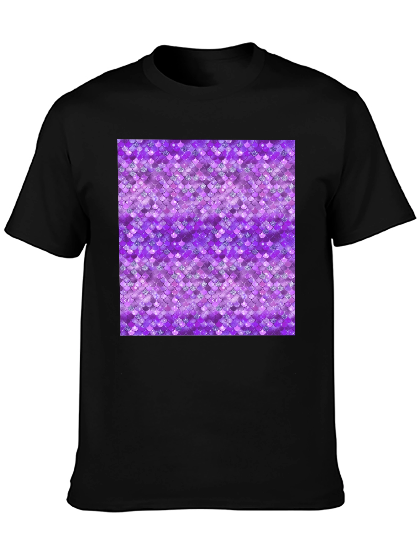 Purple Mermaid Scales Pattern Black T-Shirt