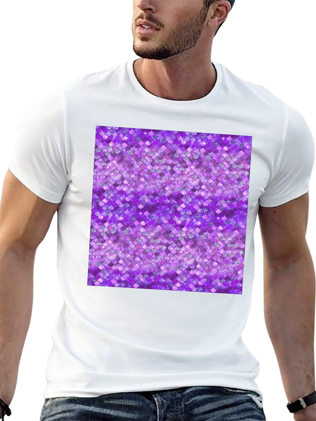 Purple Mermaid Scales Pattern Black T-Shirt