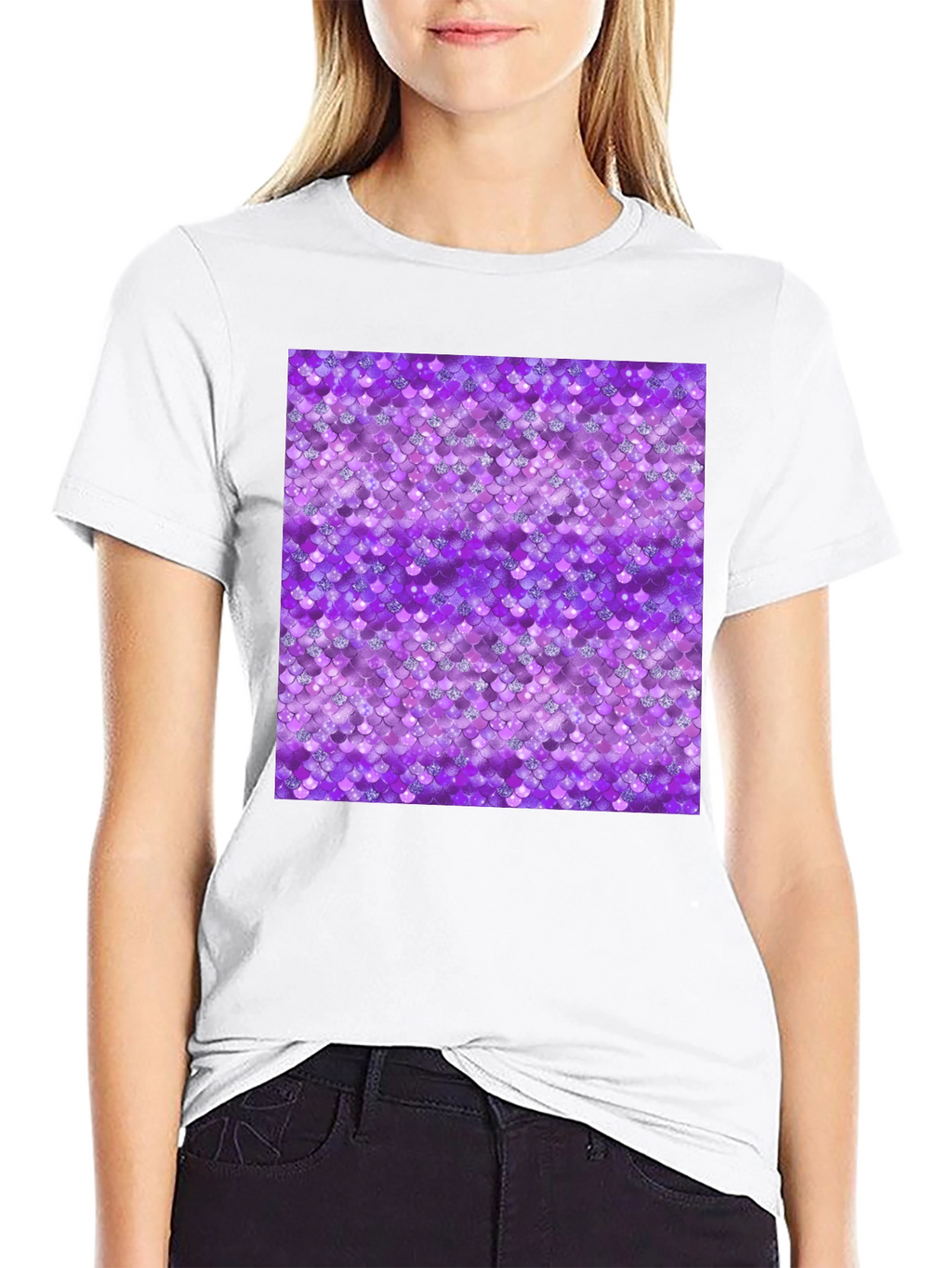 Purple Mermaid Scales Pattern Black T-Shirt