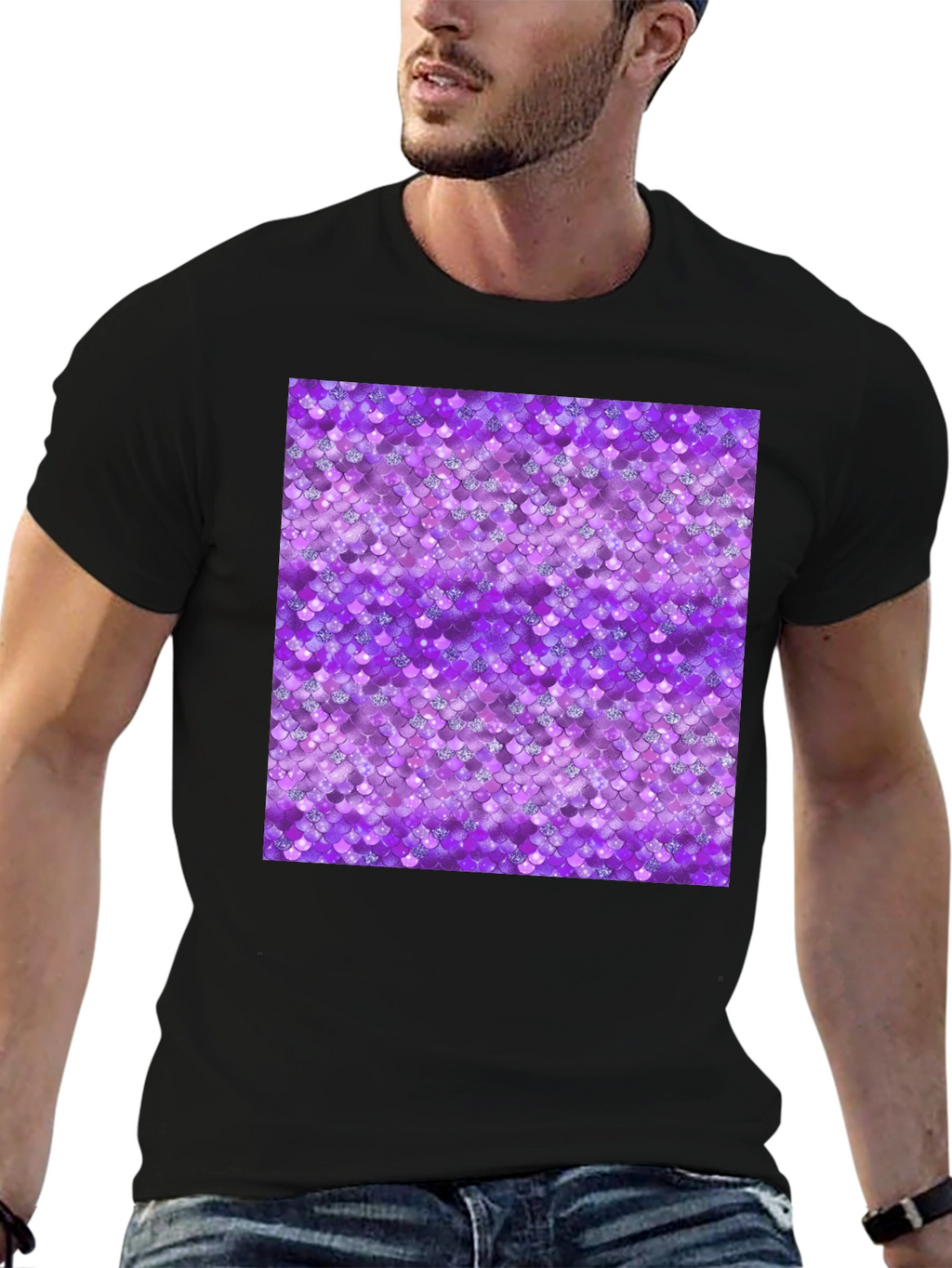 Purple Mermaid Scales Pattern Black T-Shirt